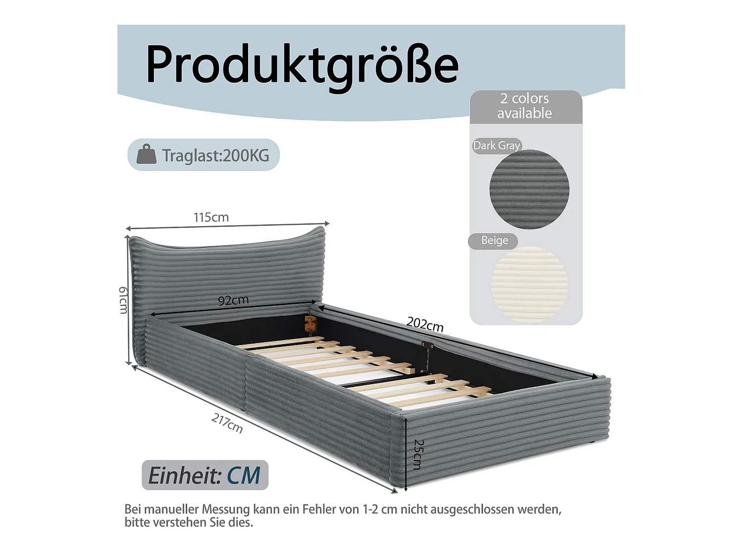 Lit enfant 90x200 cm, lit simple avec tête de lit et sommier à lattes, chenille gris - sans matelas