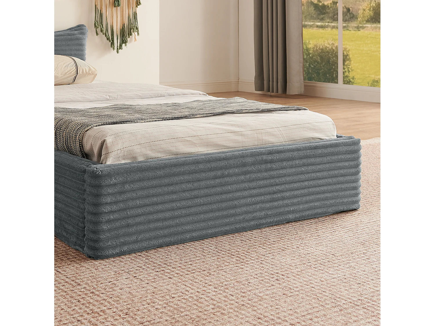 Lit enfant 90x200 cm, lit simple avec tête de lit et sommier à lattes, chenille gris - sans matelas