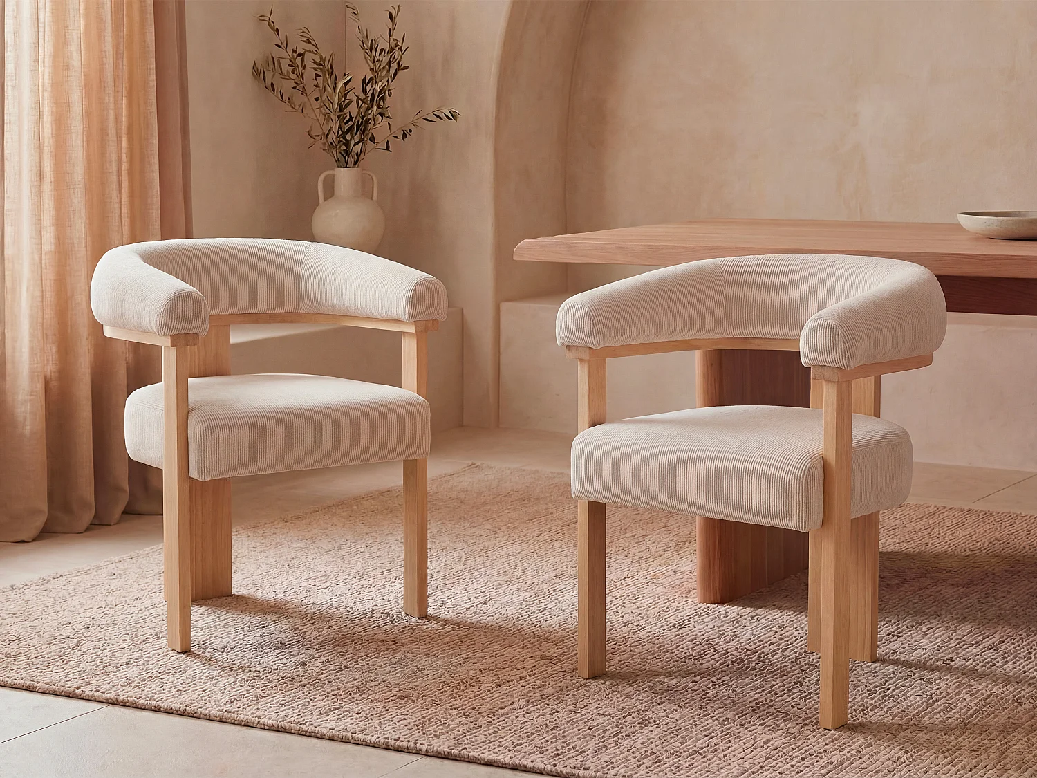 Stuhl mit Armlehnen 2er-Set - Cord & Kautschukholz natur - Beige - LIVELIA von Pascal MORABITO