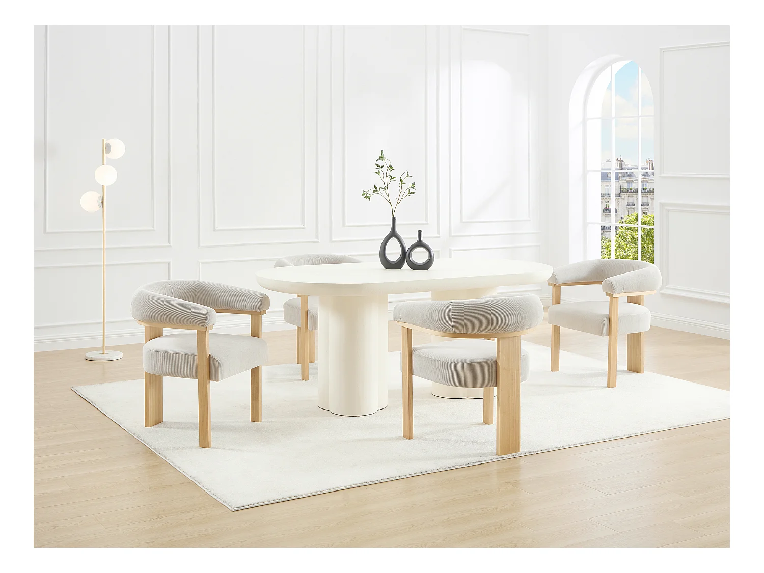 Lot de 6 chaises avec accoudoirs en velours côtelé et bois d'hévéa naturel - Beige - LIVELIA de Pascal Morabito