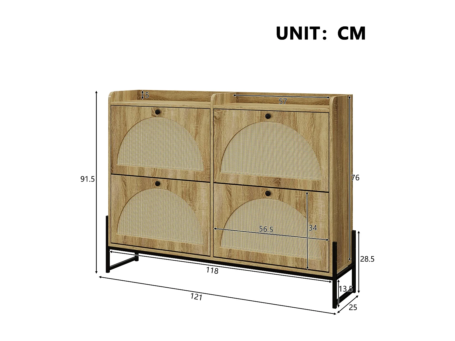 Meuble à chaussures couleur naturelle avec 4 portes en rotin, poignées noires et pieds en métal