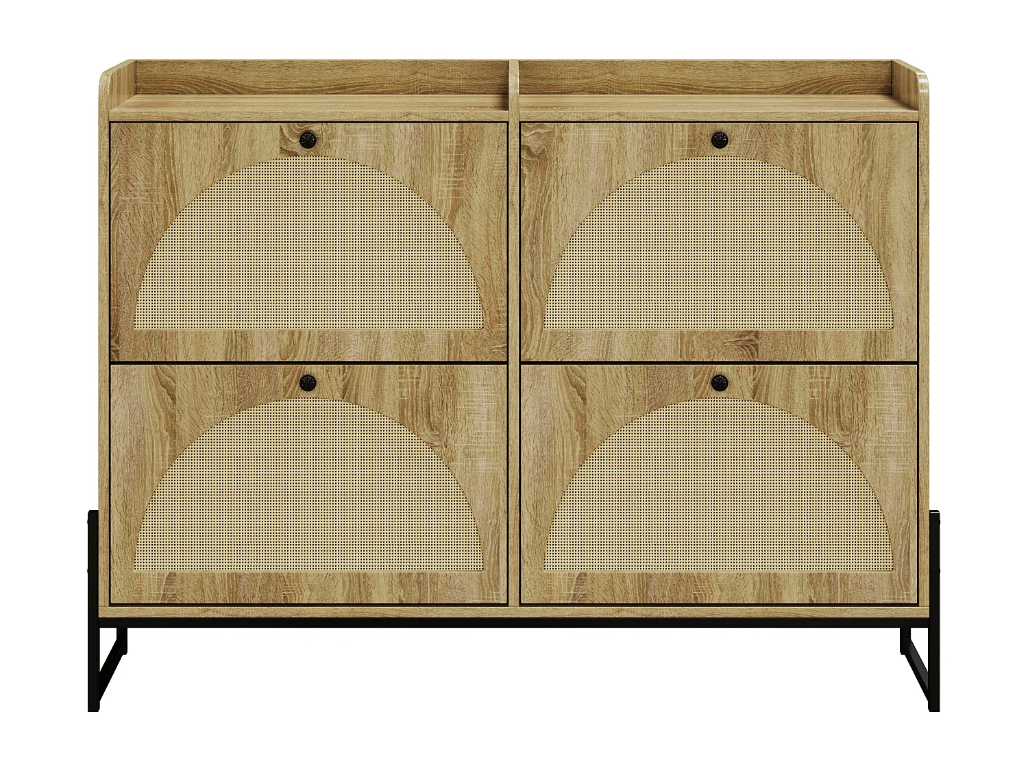 Meuble à chaussures couleur naturelle avec 4 portes en rotin, poignées noires et pieds en métal