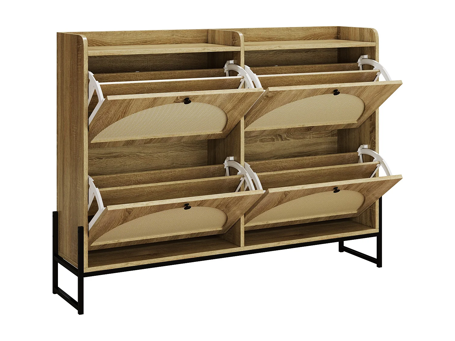 Meuble à chaussures couleur naturelle avec 4 portes en rotin, poignées noires et pieds en métal