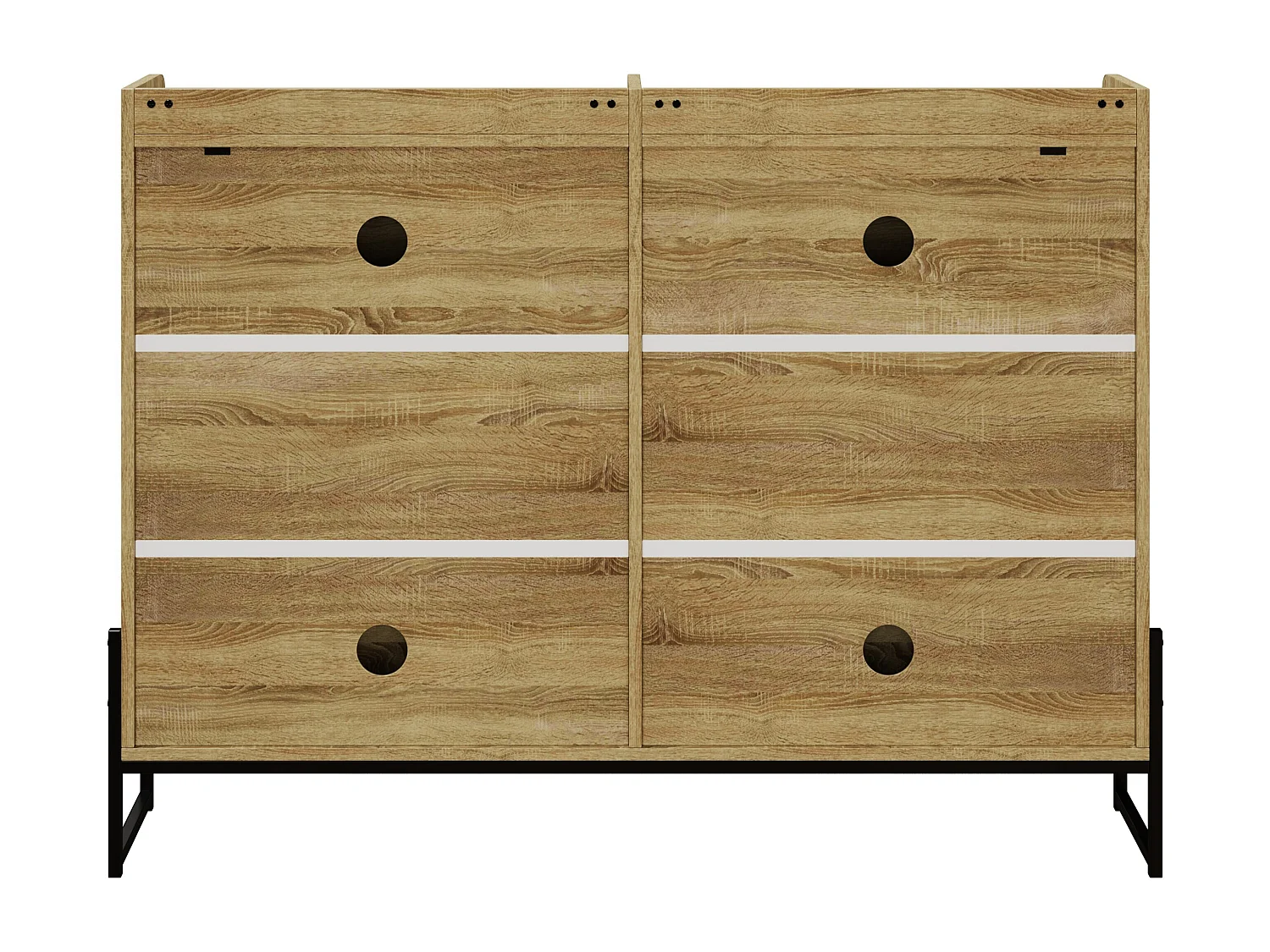 Meuble à chaussures couleur naturelle avec 4 portes en rotin, poignées noires et pieds en métal