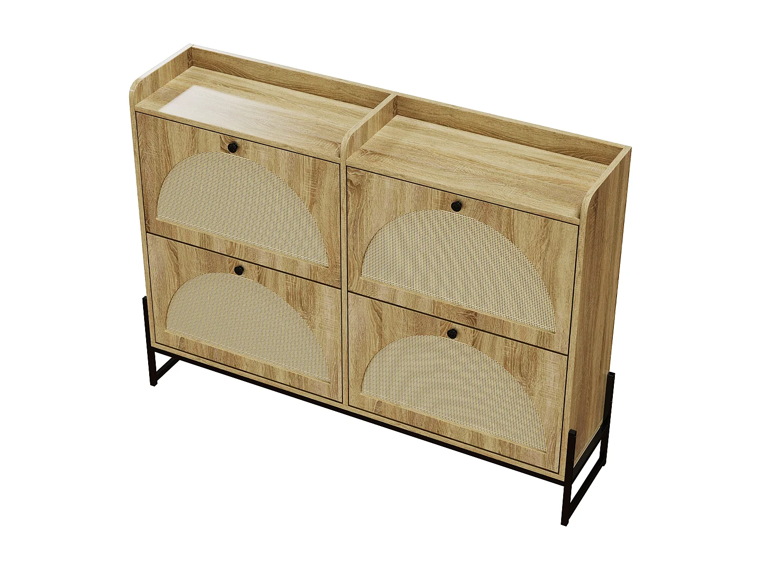 Meuble à chaussures couleur naturelle avec 4 portes en rotin, poignées noires et pieds en métal