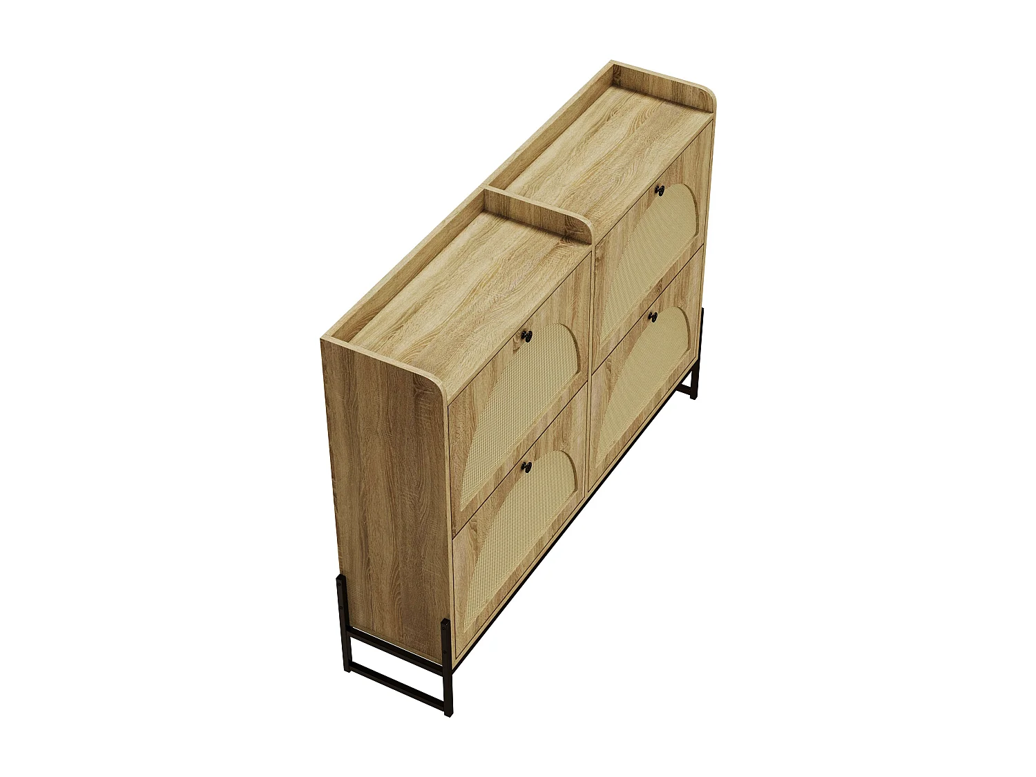 Meuble à chaussures couleur naturelle avec 4 portes en rotin, poignées noires et pieds en métal