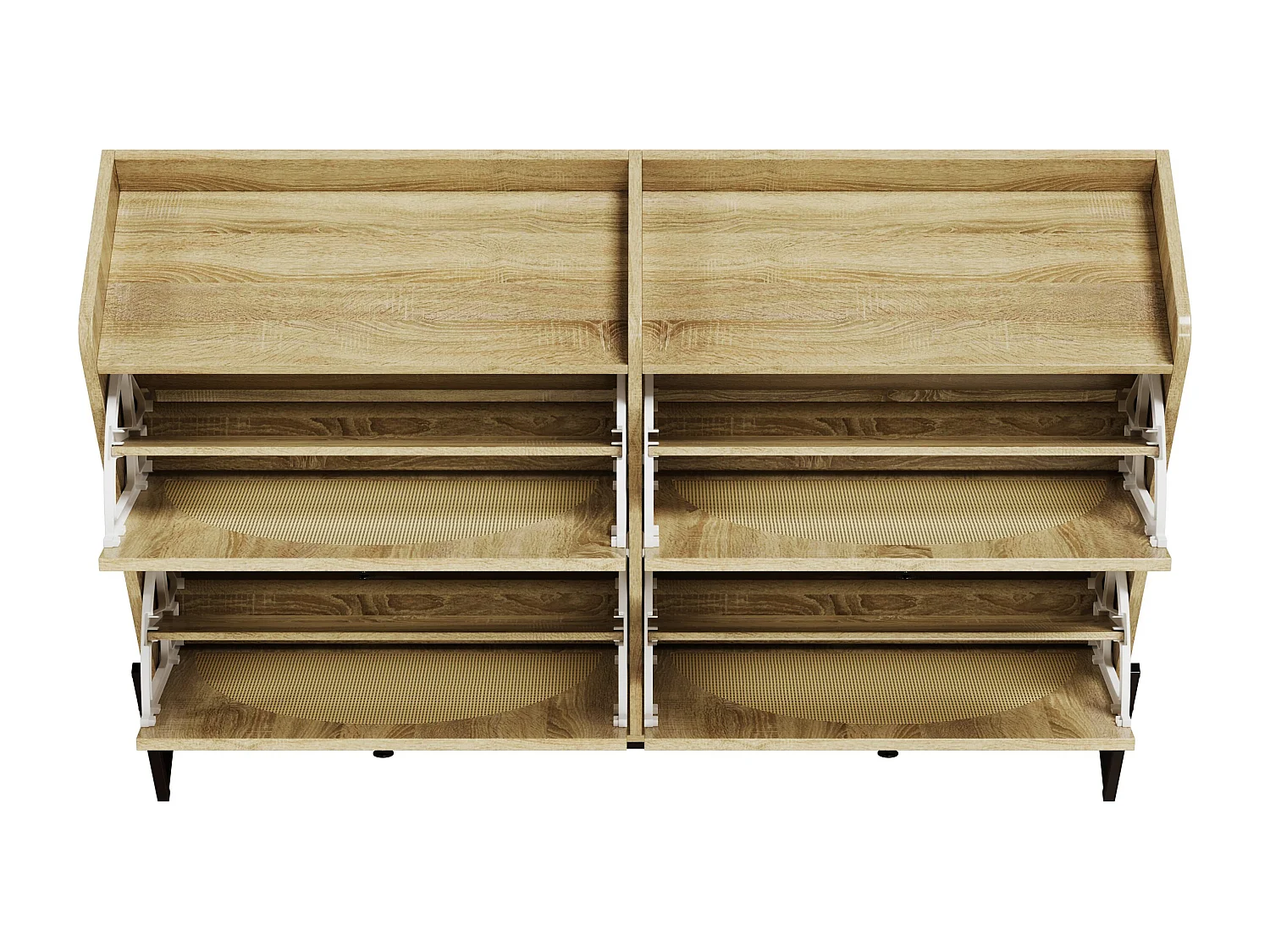 Meuble à chaussures couleur naturelle avec 4 portes en rotin, poignées noires et pieds en métal