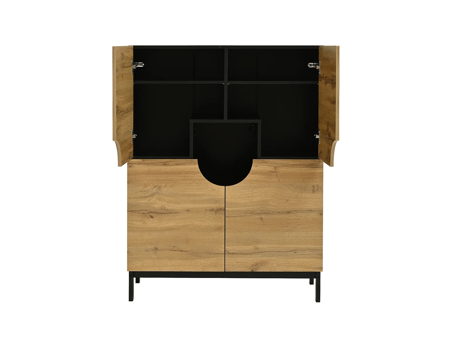 Meuble à chaussures LED avec 4 portes en bois naturel et étagères réglables - pieds en bois noir