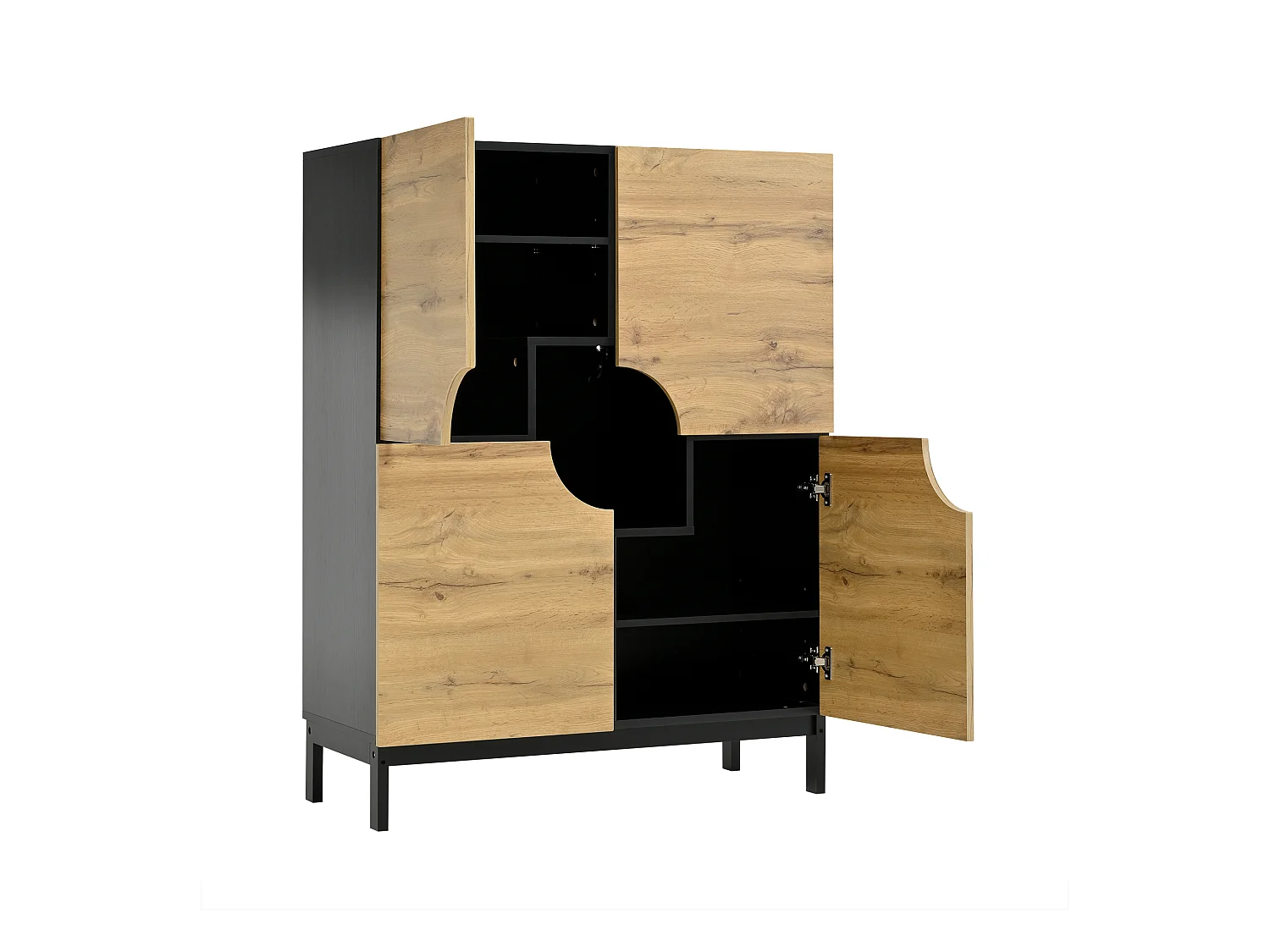 Meuble à chaussures LED avec 4 portes en bois naturel et étagères réglables - pieds en bois noir