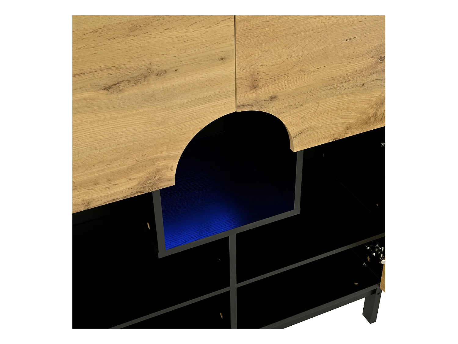 Meuble à chaussures LED avec 4 portes en bois naturel et étagères réglables - pieds en bois noir