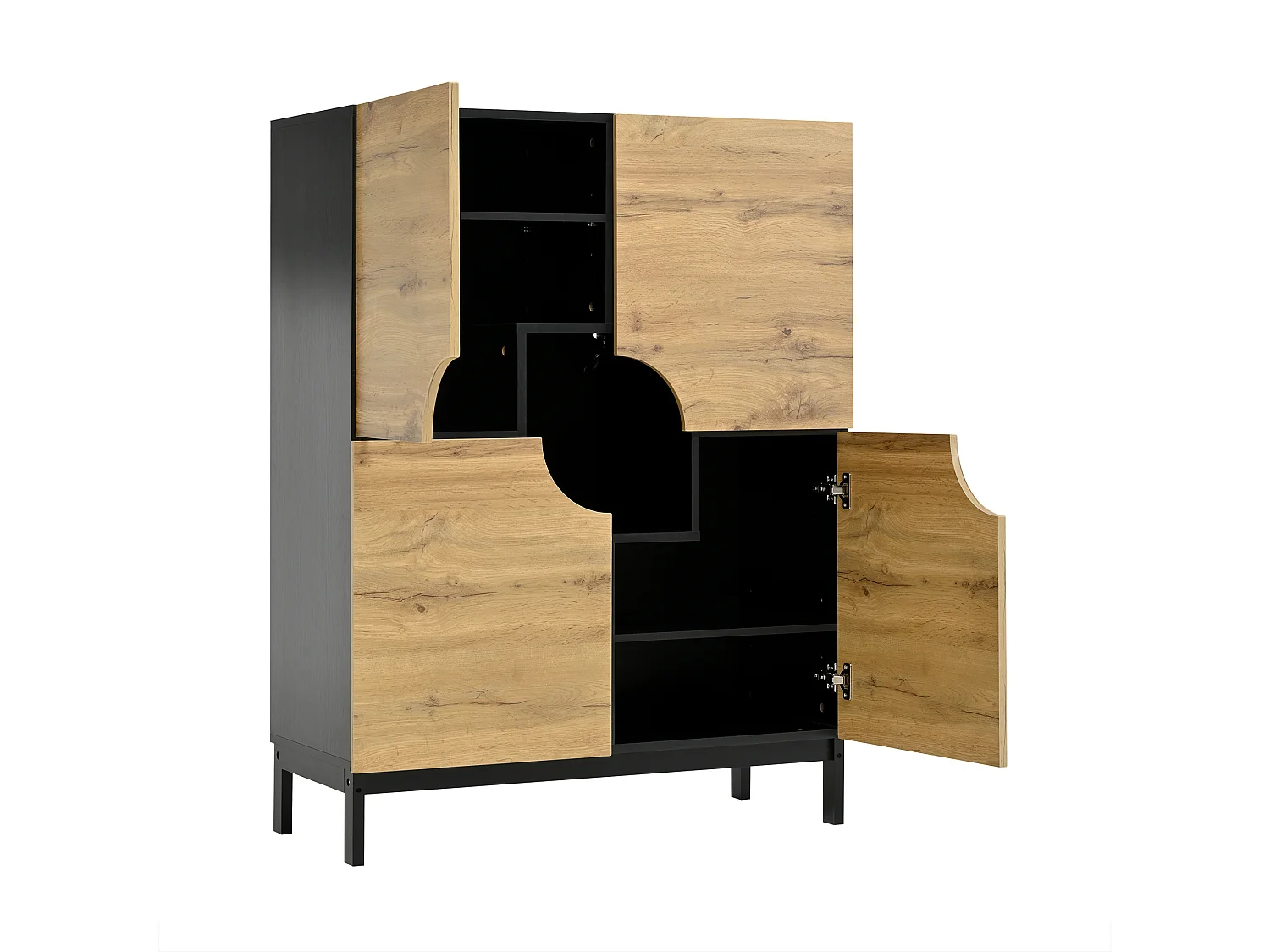 Meuble à chaussures LED avec 4 portes en bois naturel et étagères réglables - pieds en bois noir