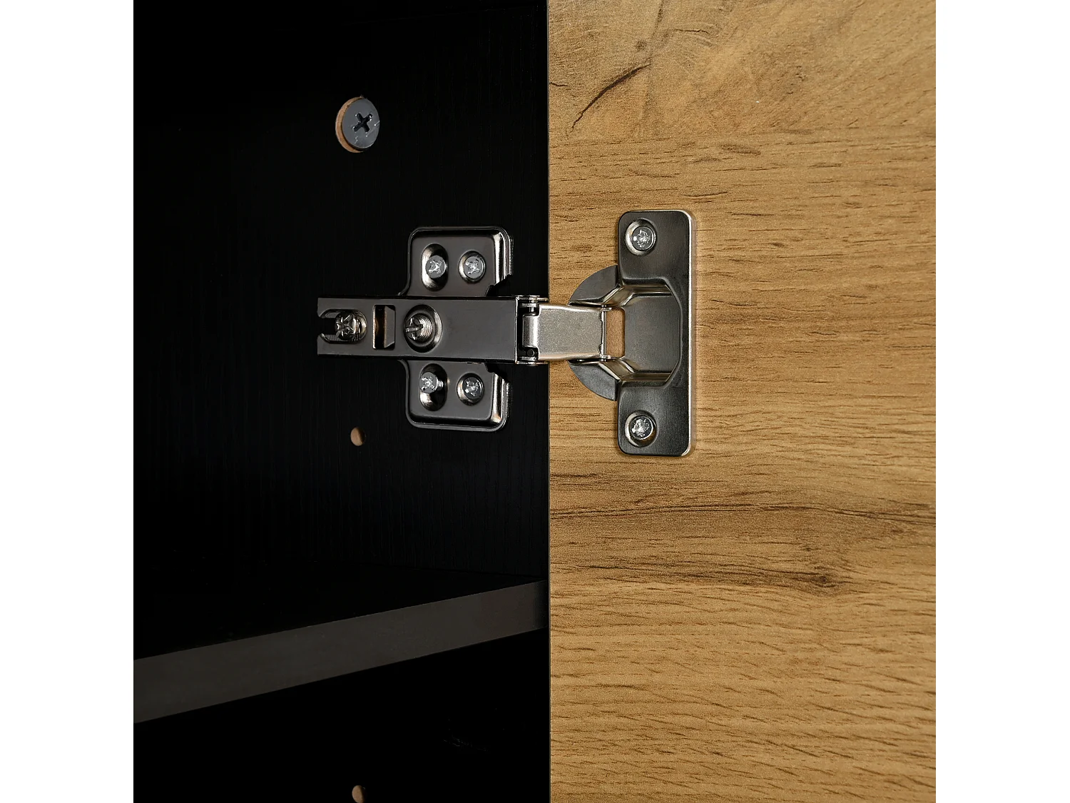 Meuble à chaussures LED avec 4 portes en bois naturel et étagères réglables - pieds en bois noir