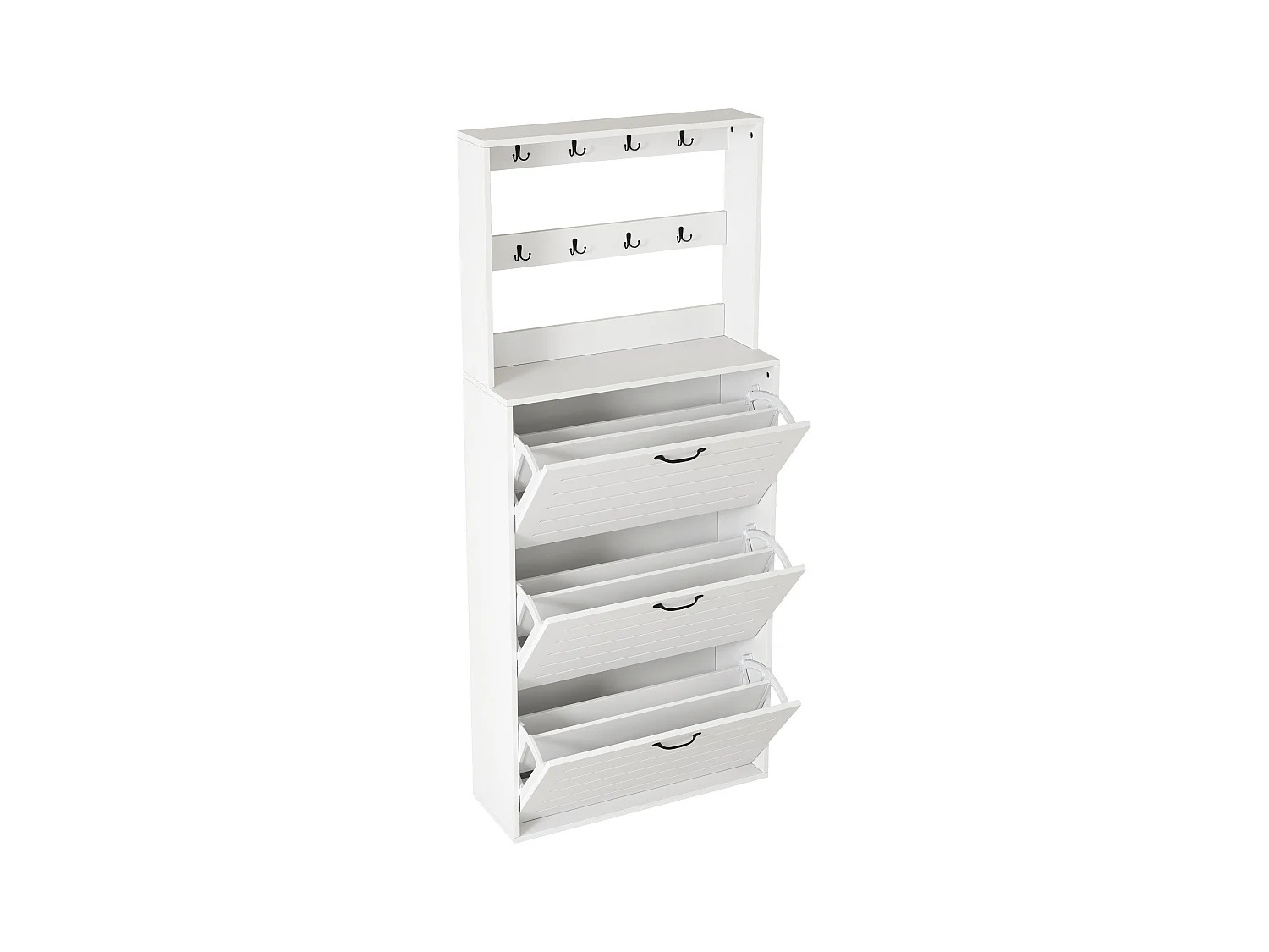 Biała szafka na buty z 3 drzwiami i 8 haczykami – Do przedpokoju i korytarza