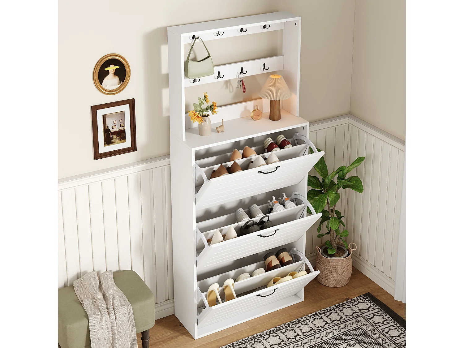Witte schoenenkast met 3 deuren en 8 haken - Voor gangen en entrees