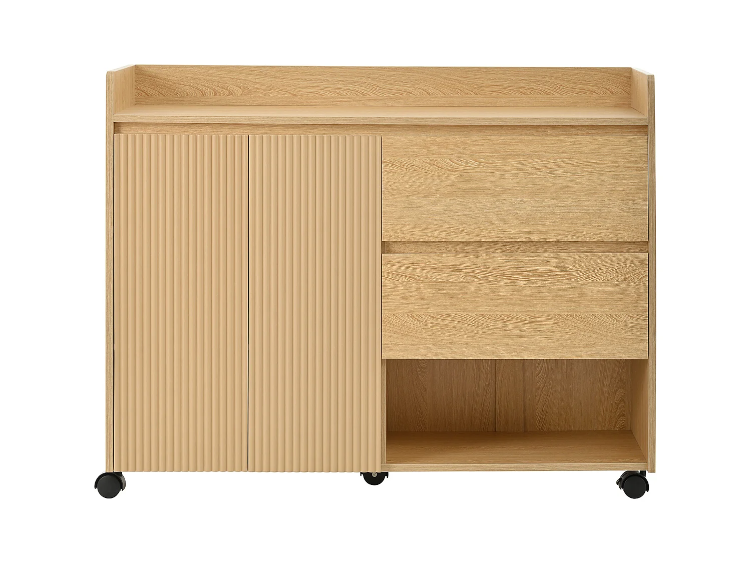 Meuble à chaussures mobile naturel avec roulettes, 2 portes et 2 tiroirs de rangement