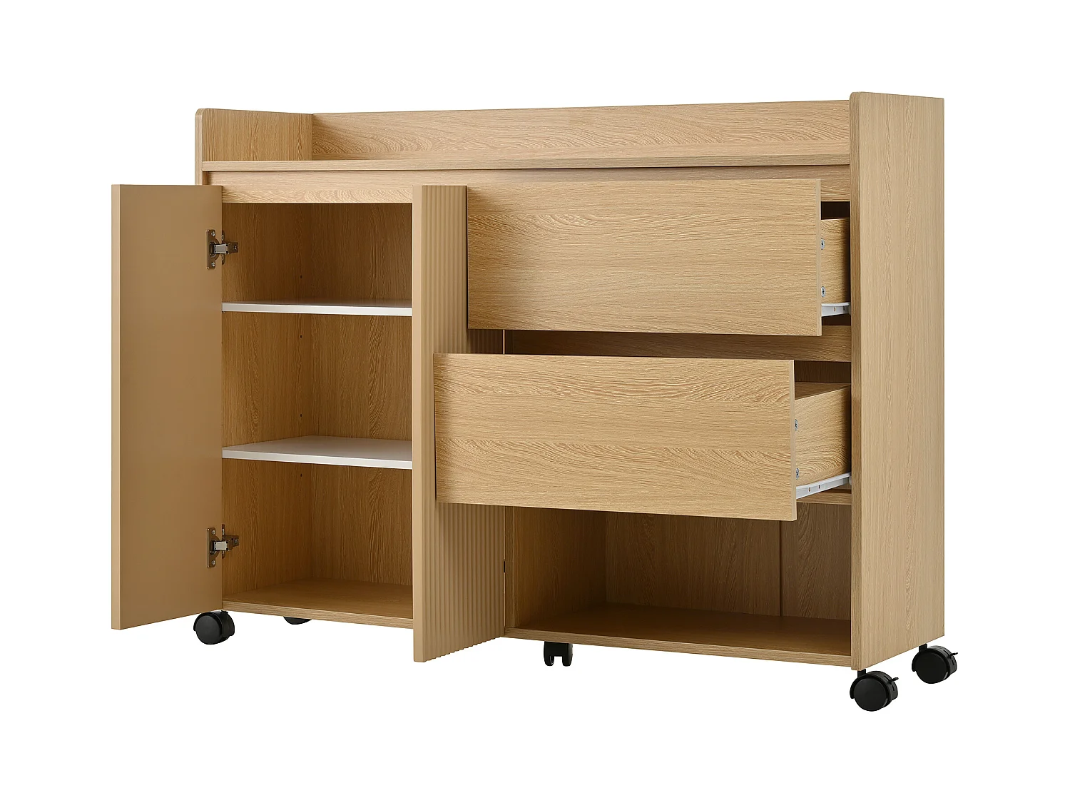 Meuble à chaussures mobile naturel avec roulettes, 2 portes et 2 tiroirs de rangement