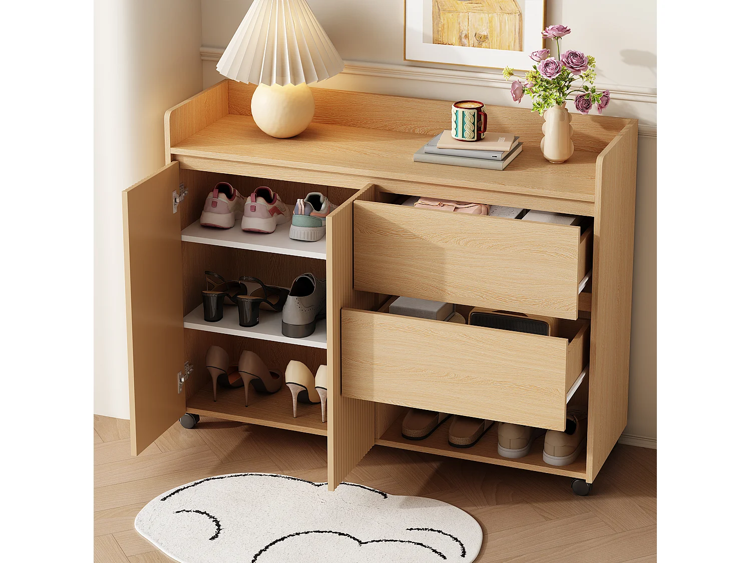 Meuble à chaussures mobile naturel avec roulettes, 2 portes et 2 tiroirs de rangement