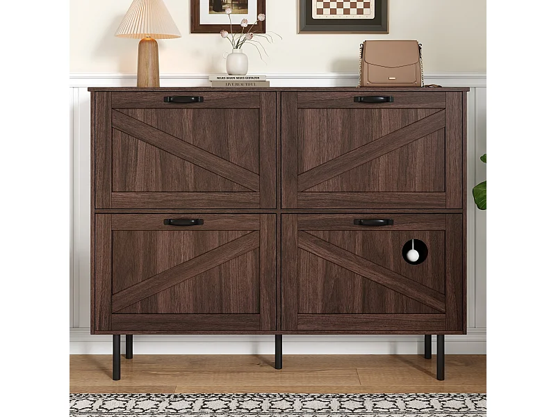 Schuhschrank in dunkler Holzoptik mit 4 Türen, schwarzen Griffen und Beinen - für den Eingangsbereich