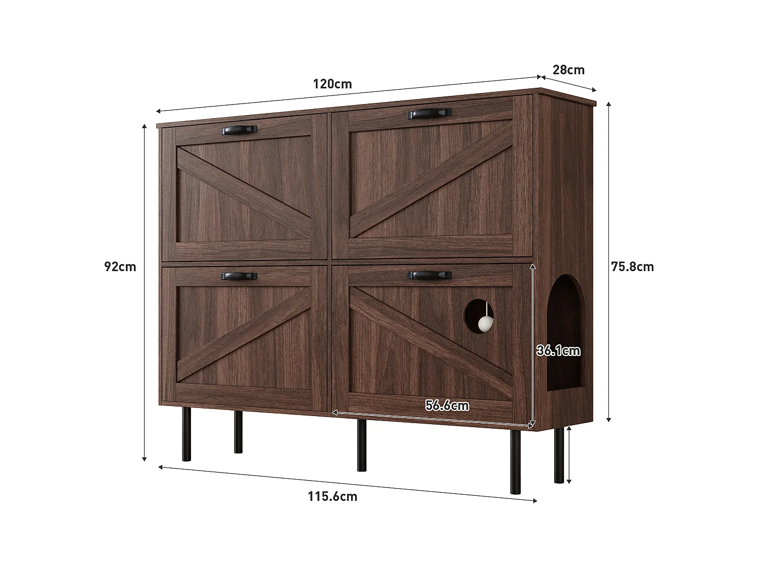 Schuhschrank in dunkler Holzoptik mit 4 Türen, schwarzen Griffen und Beinen - für den Eingangsbereich