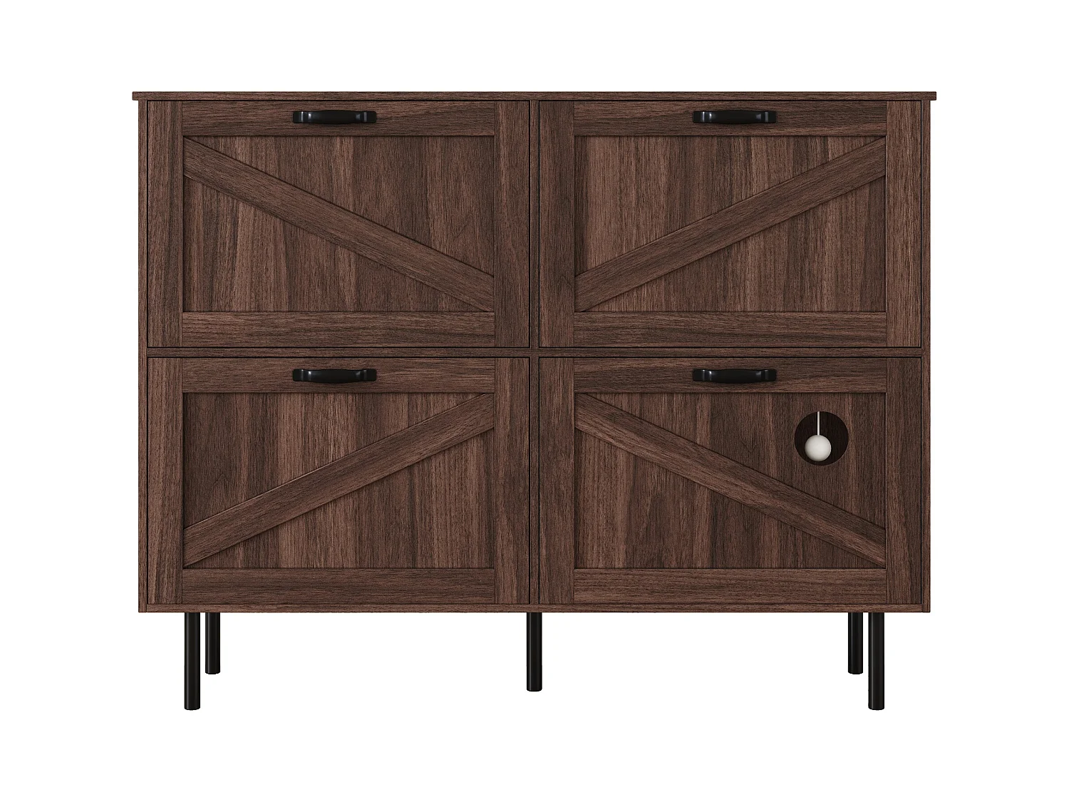 Schuhschrank in dunkler Holzoptik mit 4 Türen, schwarzen Griffen und Beinen - für den Eingangsbereich