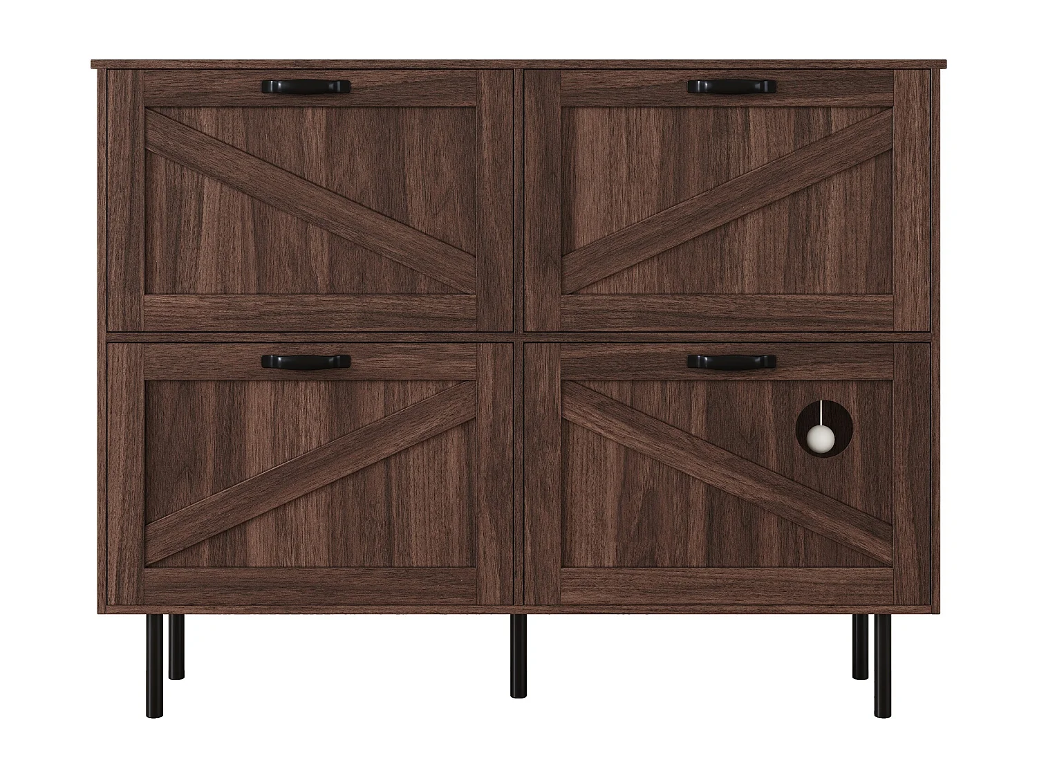 Schuhschrank in dunkler Holzoptik mit 4 Türen, schwarzen Griffen und Beinen - für den Eingangsbereich