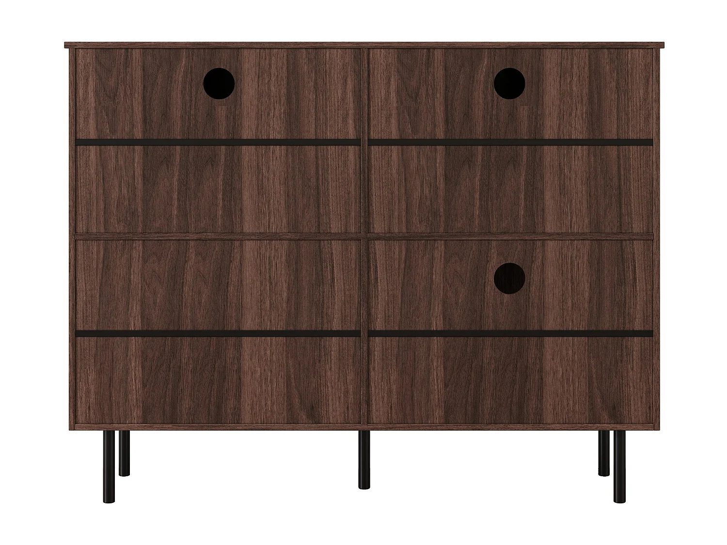 Schuhschrank in dunkler Holzoptik mit 4 Türen, schwarzen Griffen und Beinen - für den Eingangsbereich