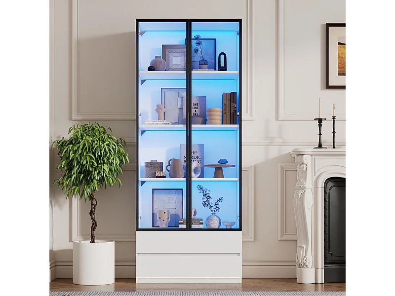 Vitrine LED avec 2 portes vitrées et 2 tiroirs de rangement, blanche - pour salon et bureau