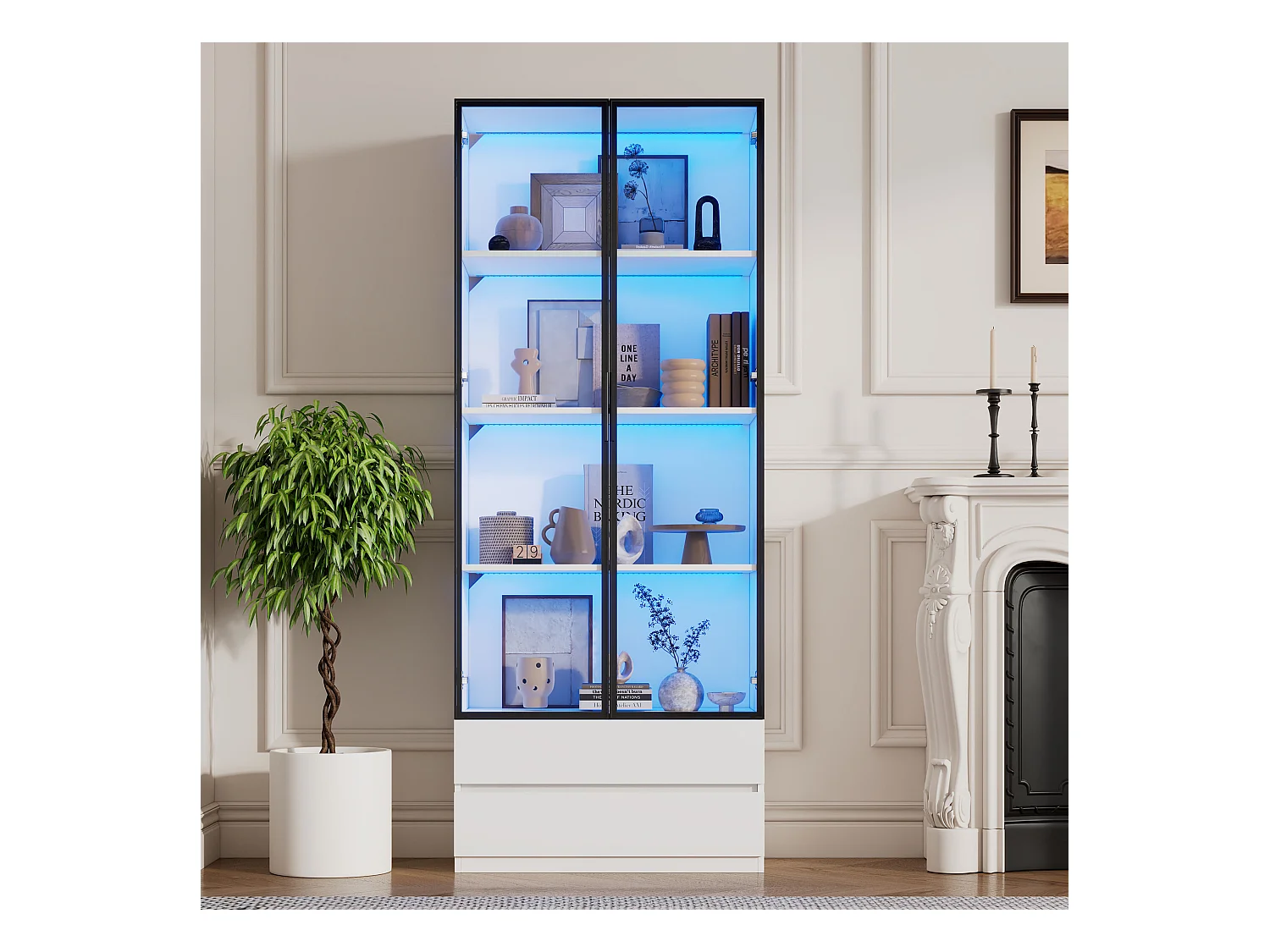 Vitrine LED avec 2 portes vitrées et 2 tiroirs de rangement, blanche - pour salon et bureau
