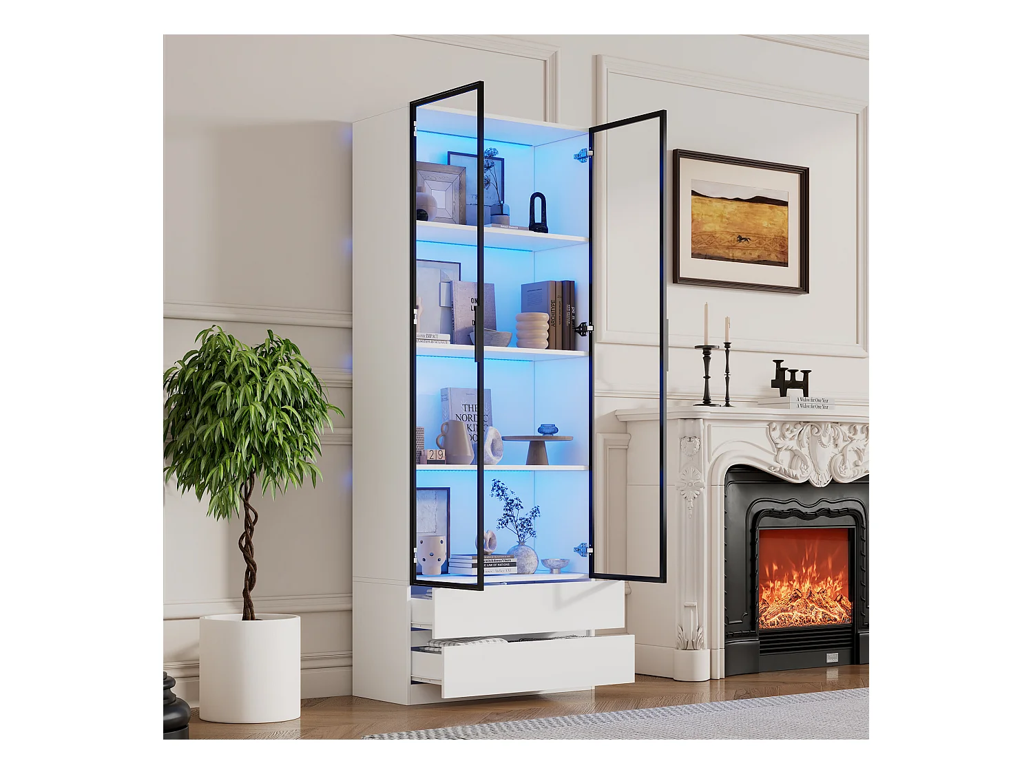 Vitrine LED avec 2 portes vitrées et 2 tiroirs de rangement, blanche - pour salon et bureau