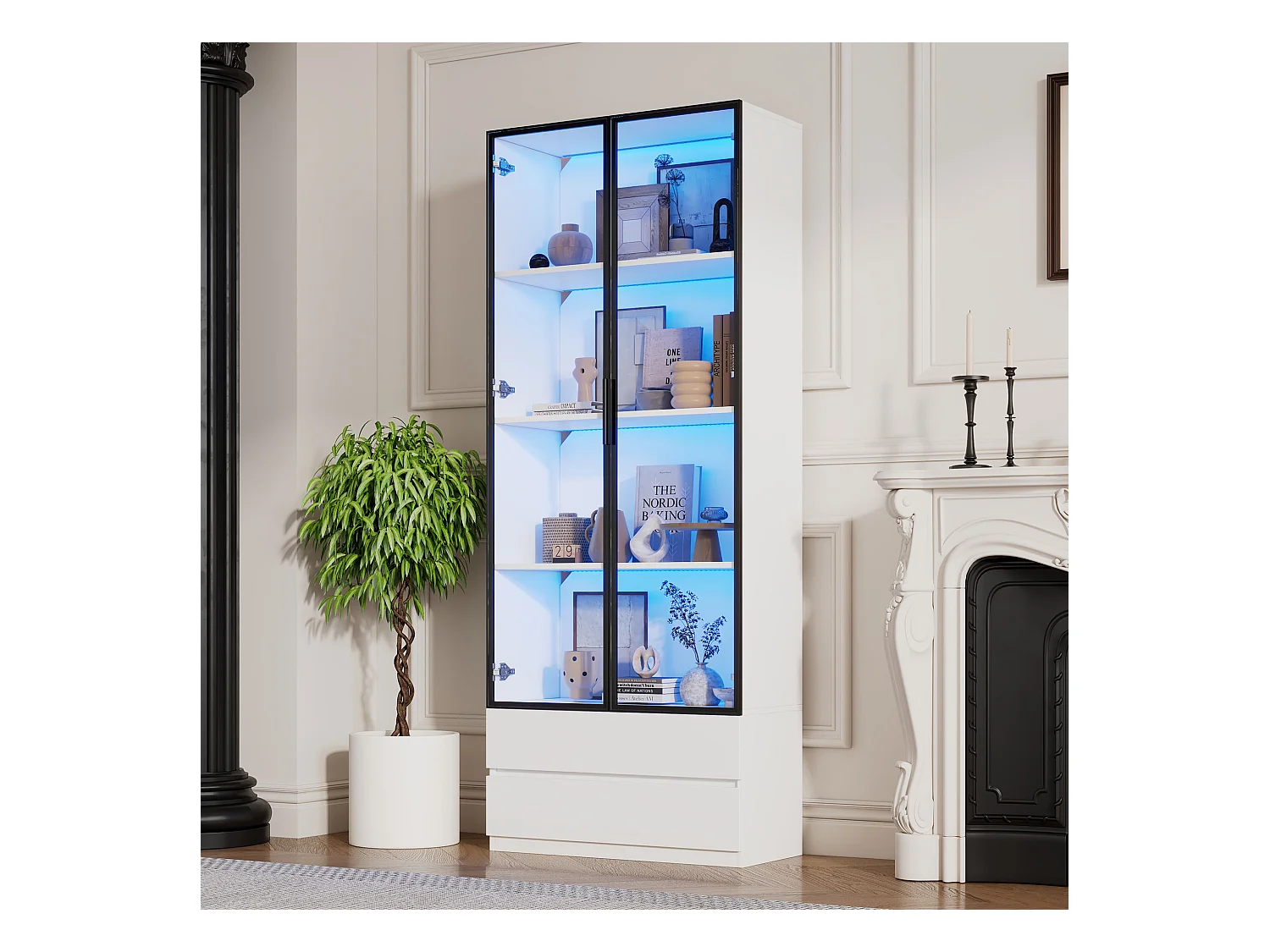 Vitrine LED avec 2 portes vitrées et 2 tiroirs de rangement, blanche - pour salon et bureau
