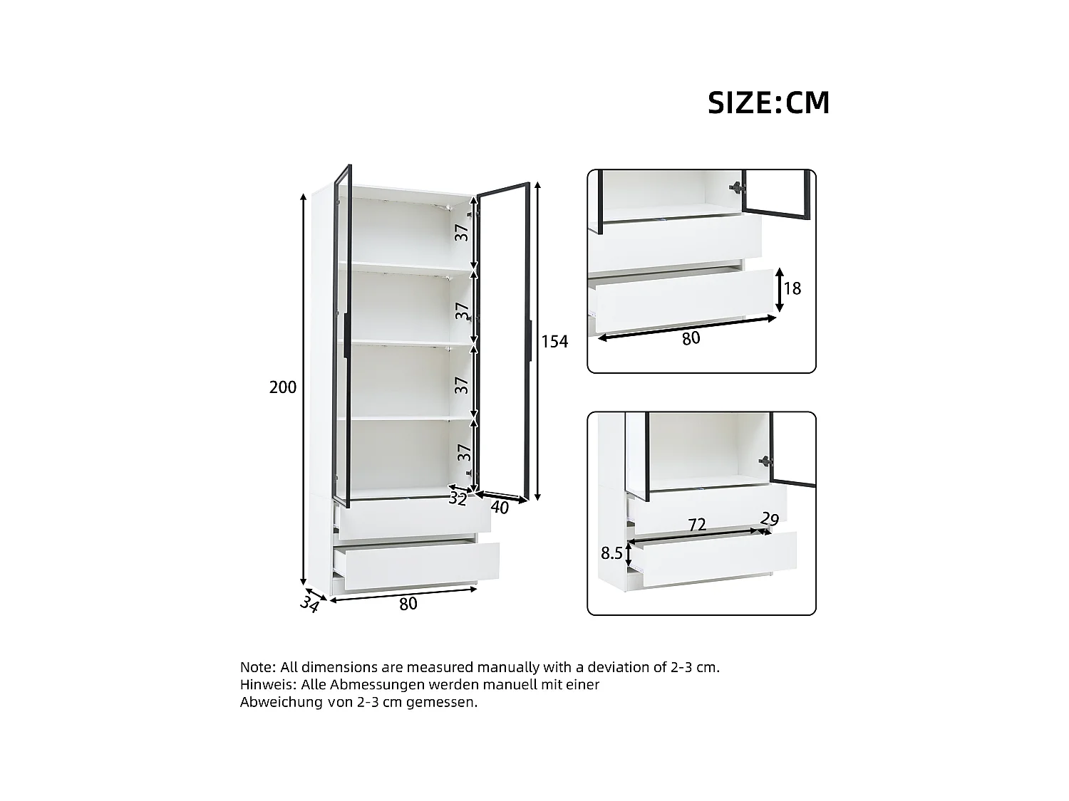 Vitrine LED avec 2 portes vitrées et 2 tiroirs de rangement, blanche - pour salon et bureau