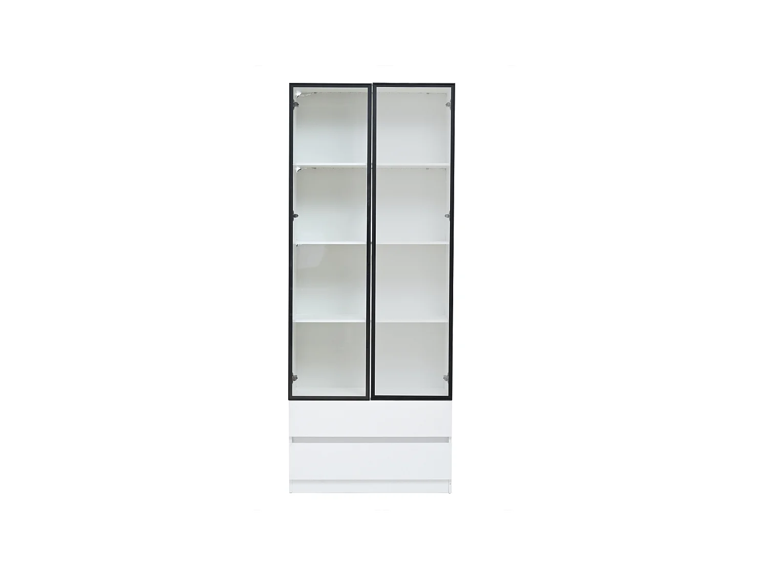 Vitrine LED avec 2 portes vitrées et 2 tiroirs de rangement, blanche - pour salon et bureau