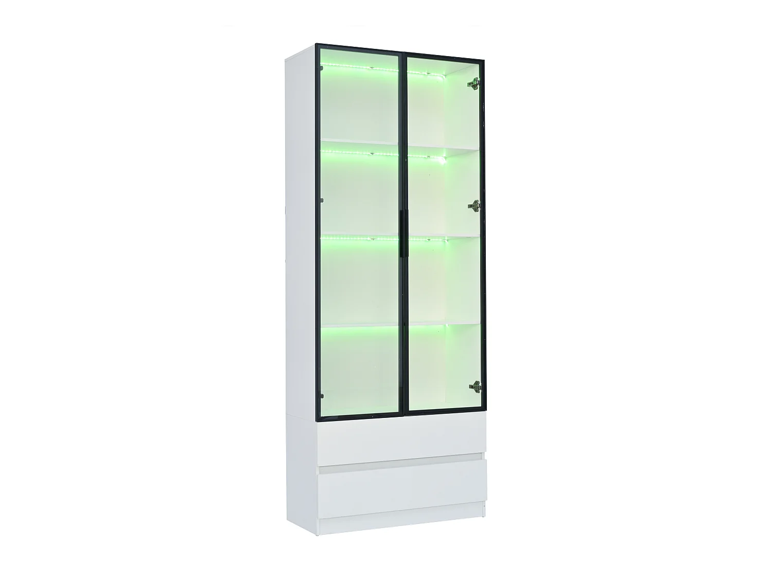 Vitrine LED avec 2 portes vitrées et 2 tiroirs de rangement, blanche - pour salon et bureau