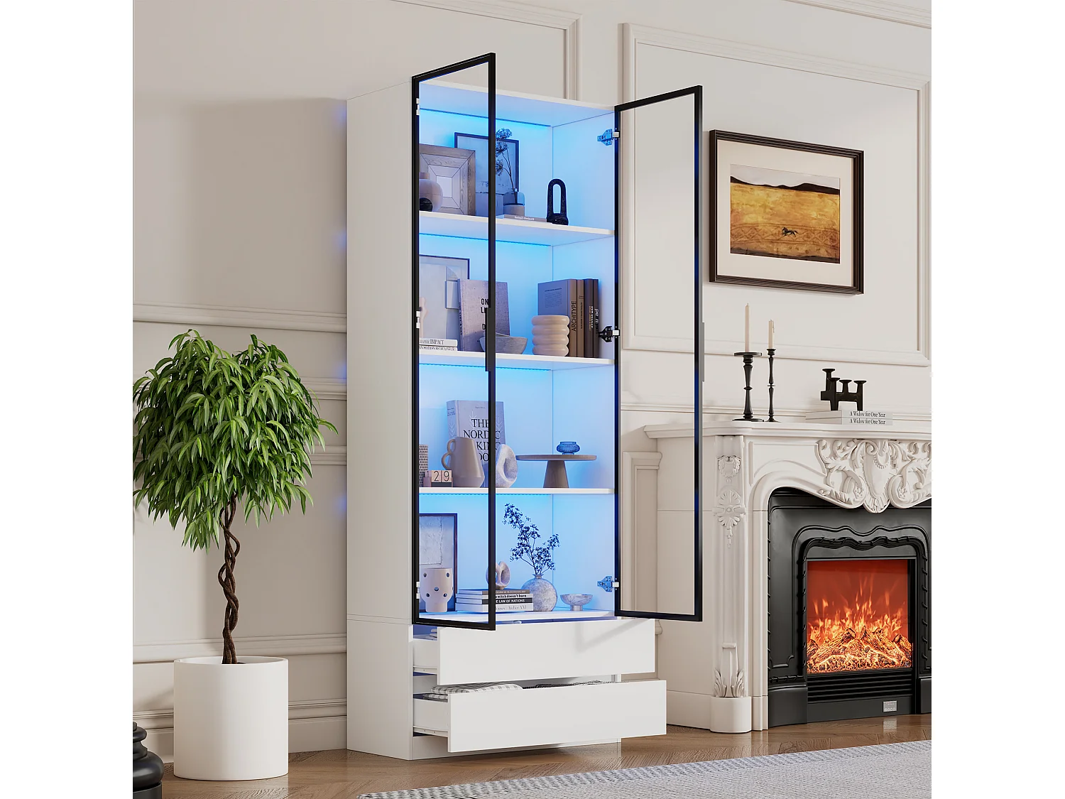 Vitrine LED avec 2 portes vitrées et 2 tiroirs de rangement, blanche - pour salon et bureau