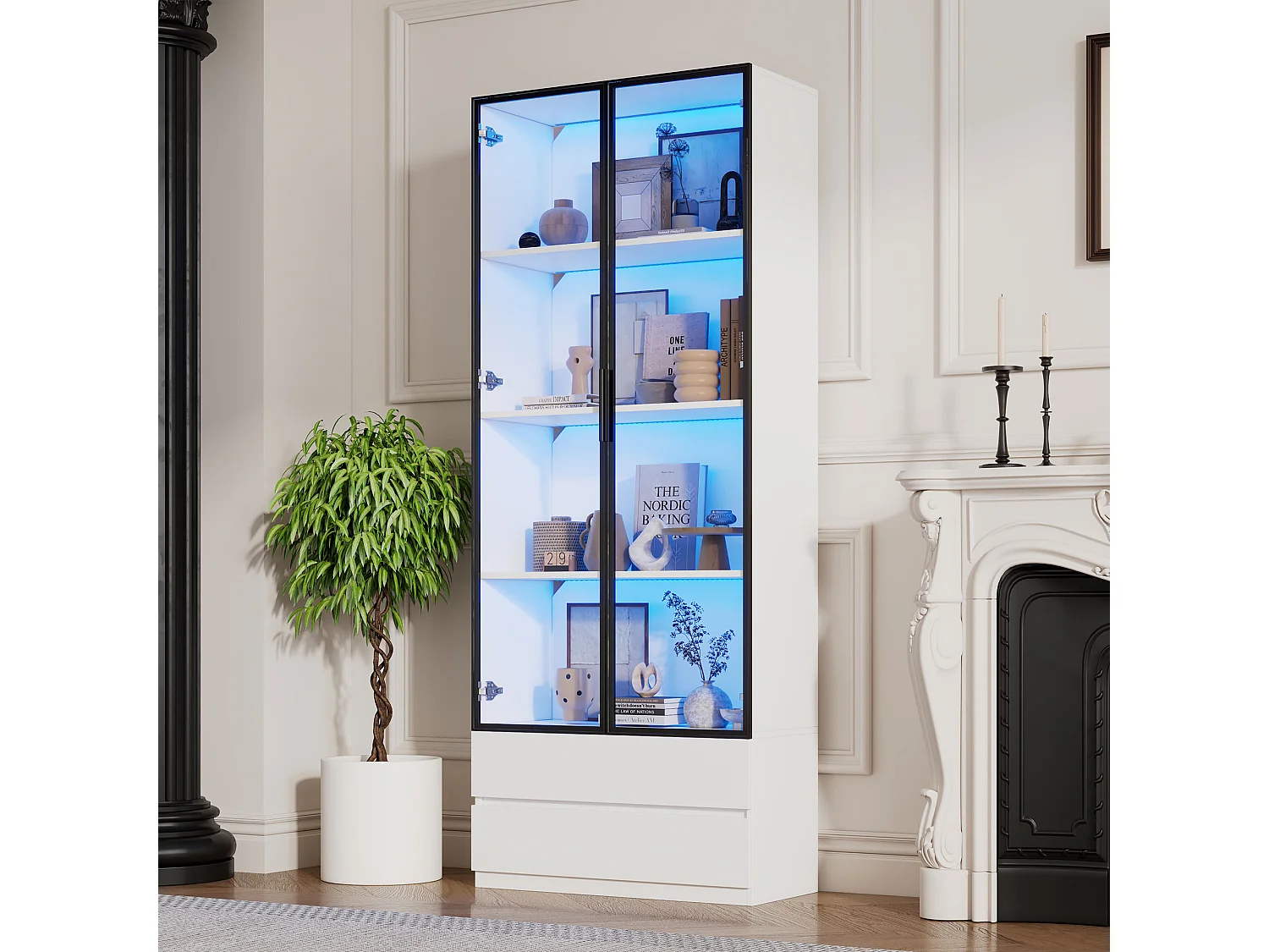 Vitrine LED avec 2 portes vitrées et 2 tiroirs de rangement, blanche - pour salon et bureau