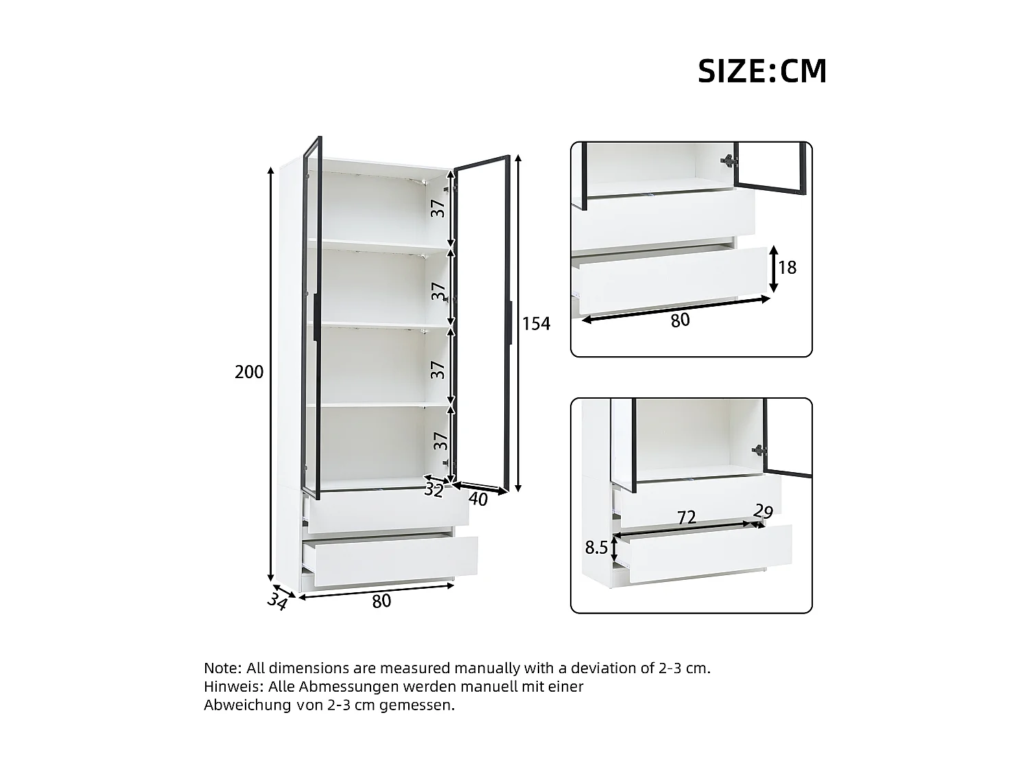 Vitrine LED avec 2 portes vitrées et 2 tiroirs de rangement, blanche - pour salon et bureau