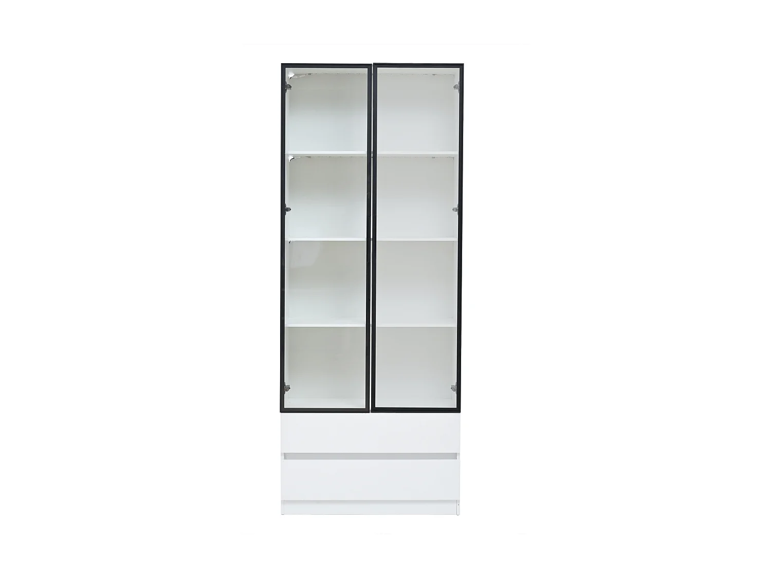 Vitrine LED avec 2 portes vitrées et 2 tiroirs de rangement, blanche - pour salon et bureau