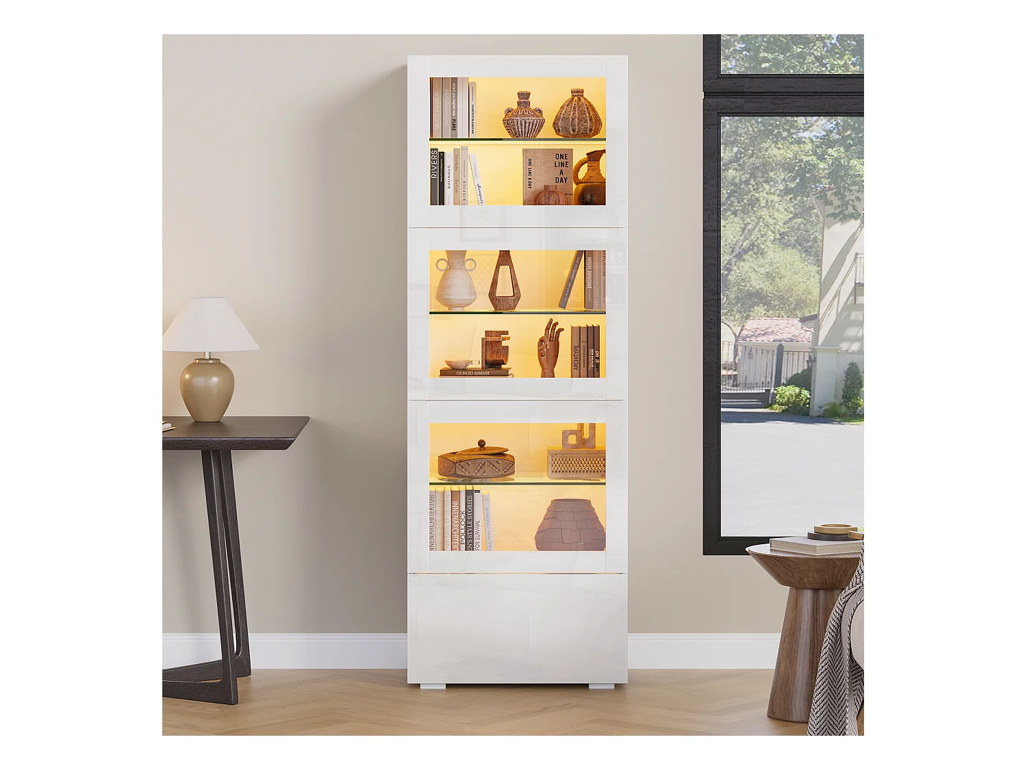 Vitrine LED 3 portes, 1 tiroir de rangement et 3 étagères en verre - blanc