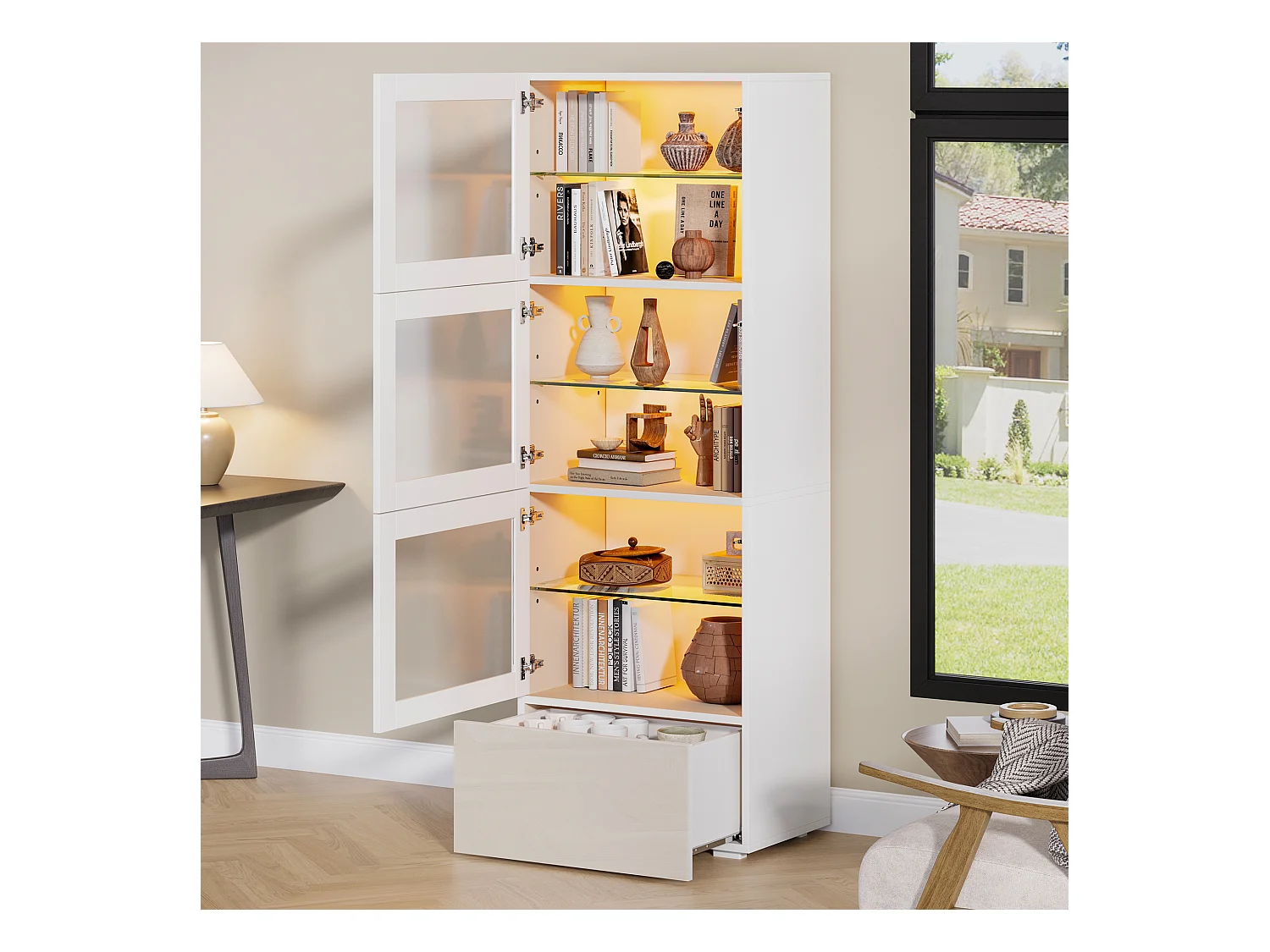 Vitrine LED 3 portes, 1 tiroir de rangement et 3 étagères en verre - blanc