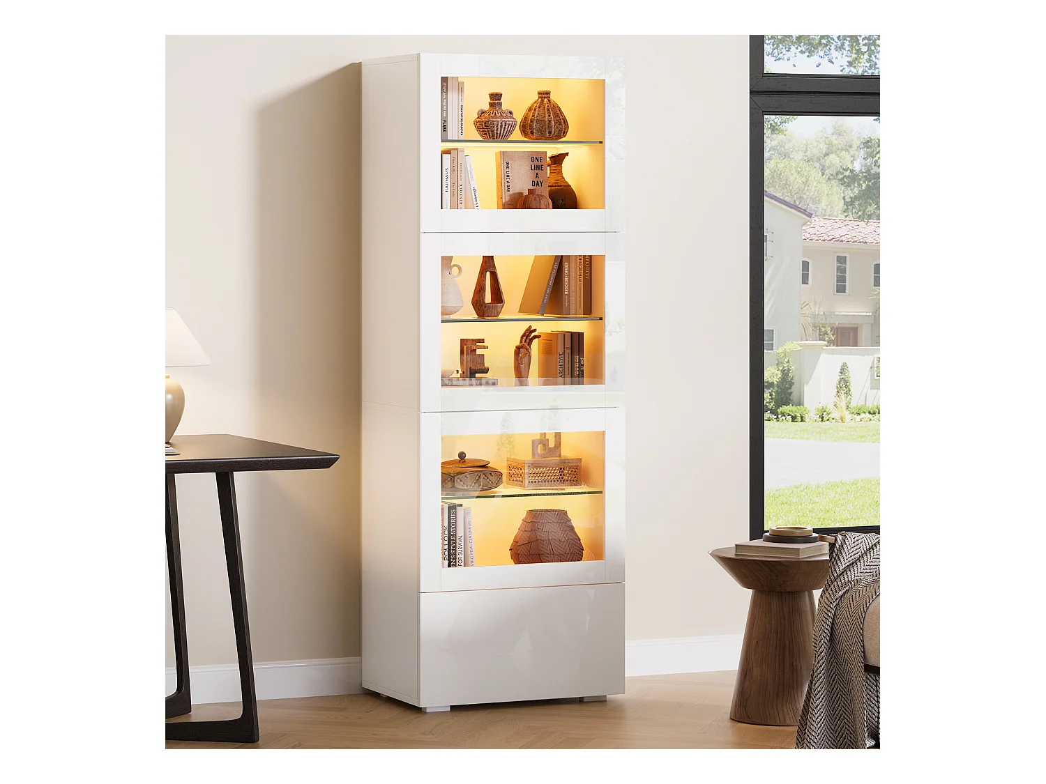 Vitrine LED 3 portes, 1 tiroir de rangement et 3 étagères en verre - blanc
