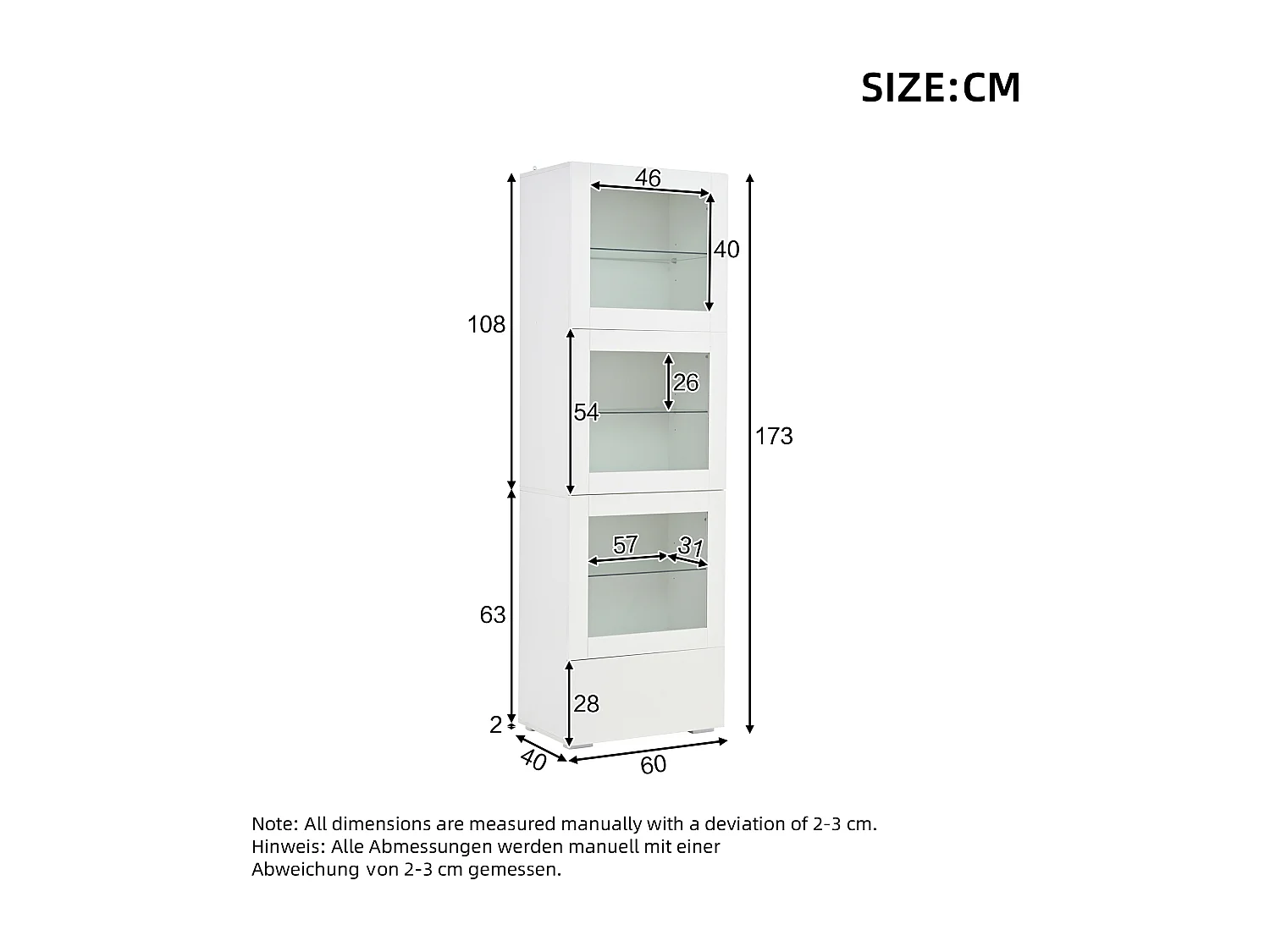 Vitrina LED blanca con 3 puertas, 1 cajón de almacenamiento y 3 estantes de vidrio