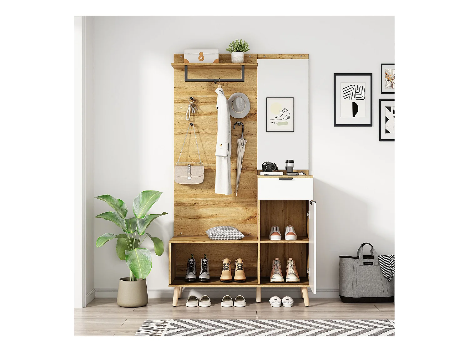 Porte-manteau avec miroir, 1 porte et 1 tiroir de rangement - naturel et blanc