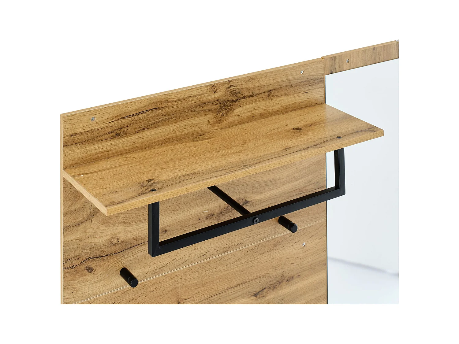 Porte-manteau avec miroir, 1 porte et 1 tiroir de rangement - naturel et blanc