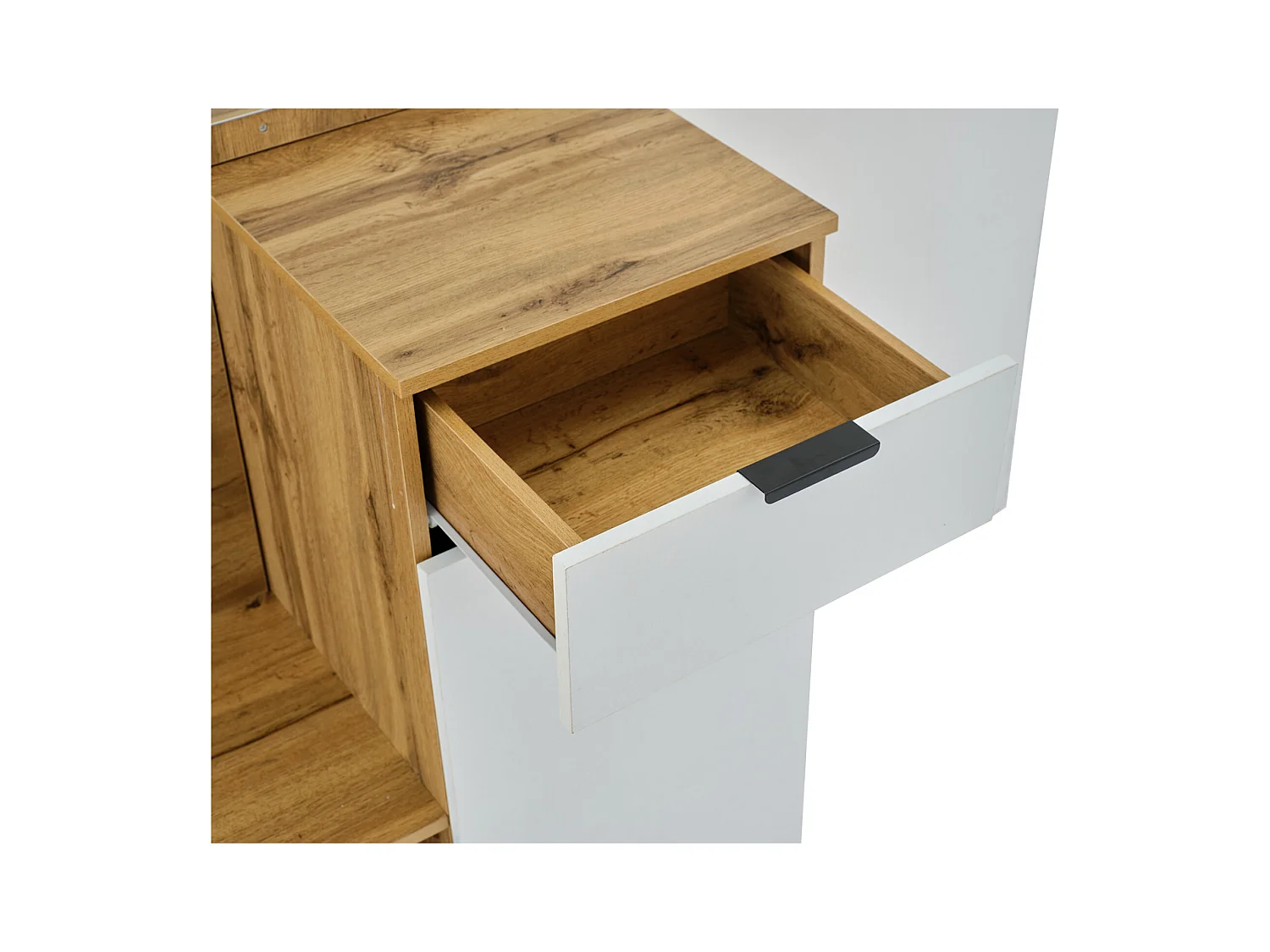 Porte-manteau avec miroir, 1 porte et 1 tiroir de rangement - naturel et blanc