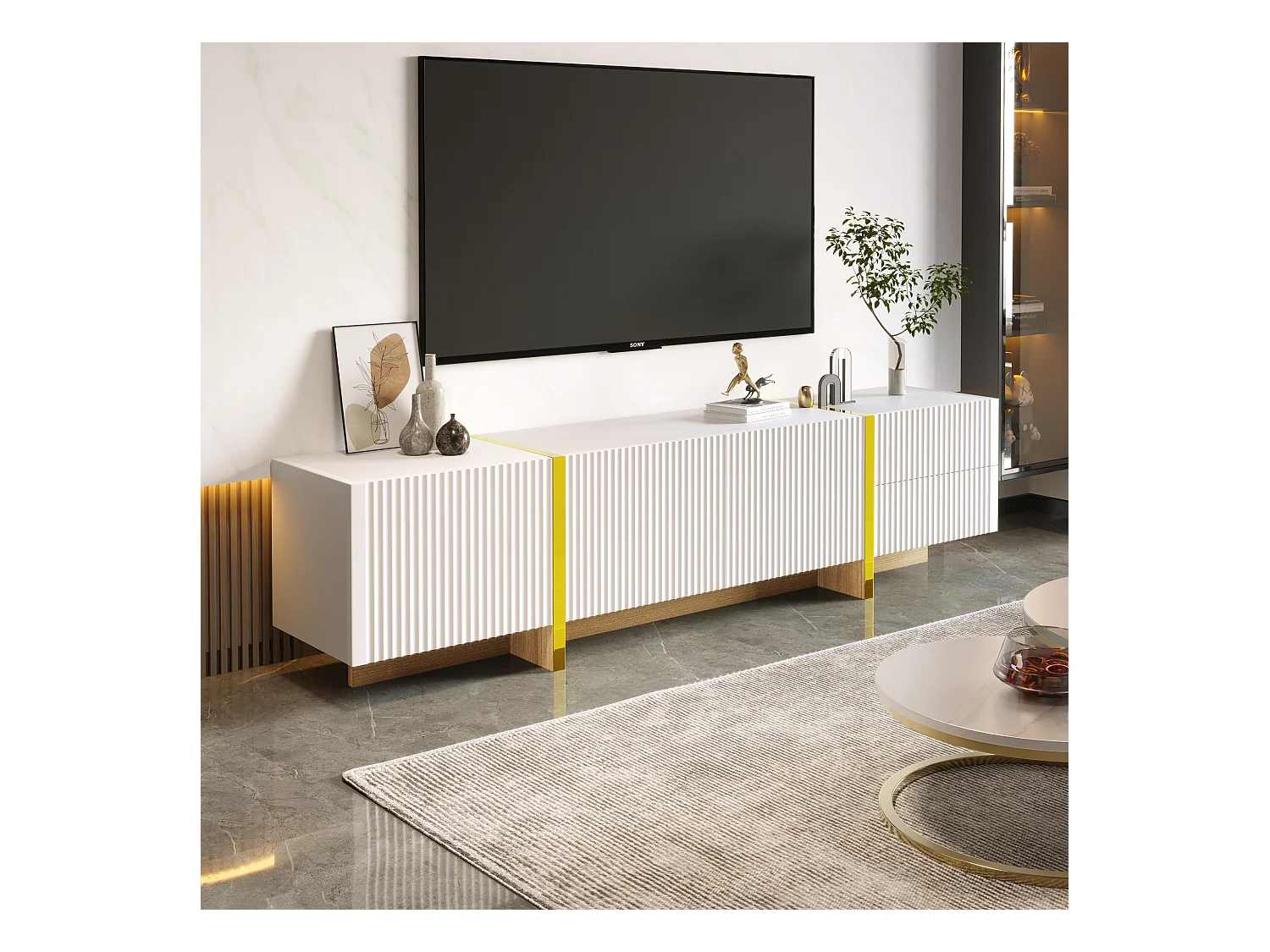 Meuble TV 190 cm avec 3 portes texturées et 2 tiroirs de rangement - blanc et or