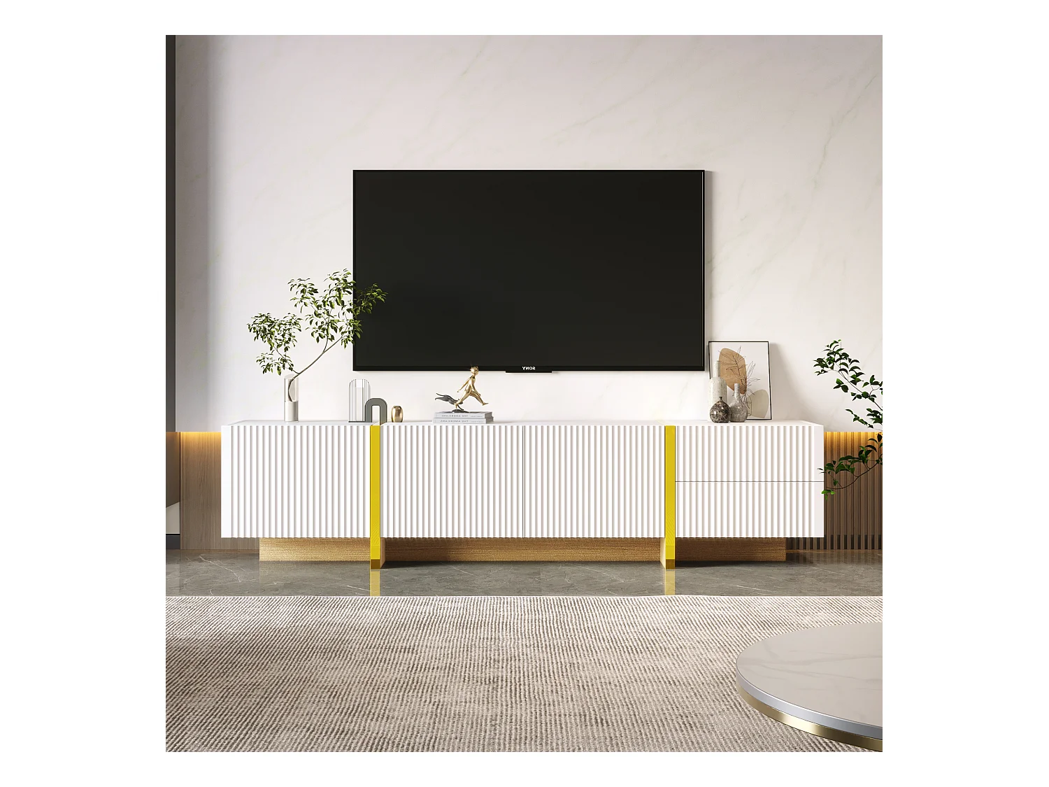 Meuble TV 190 cm avec 3 portes texturées et 2 tiroirs de rangement - blanc et or