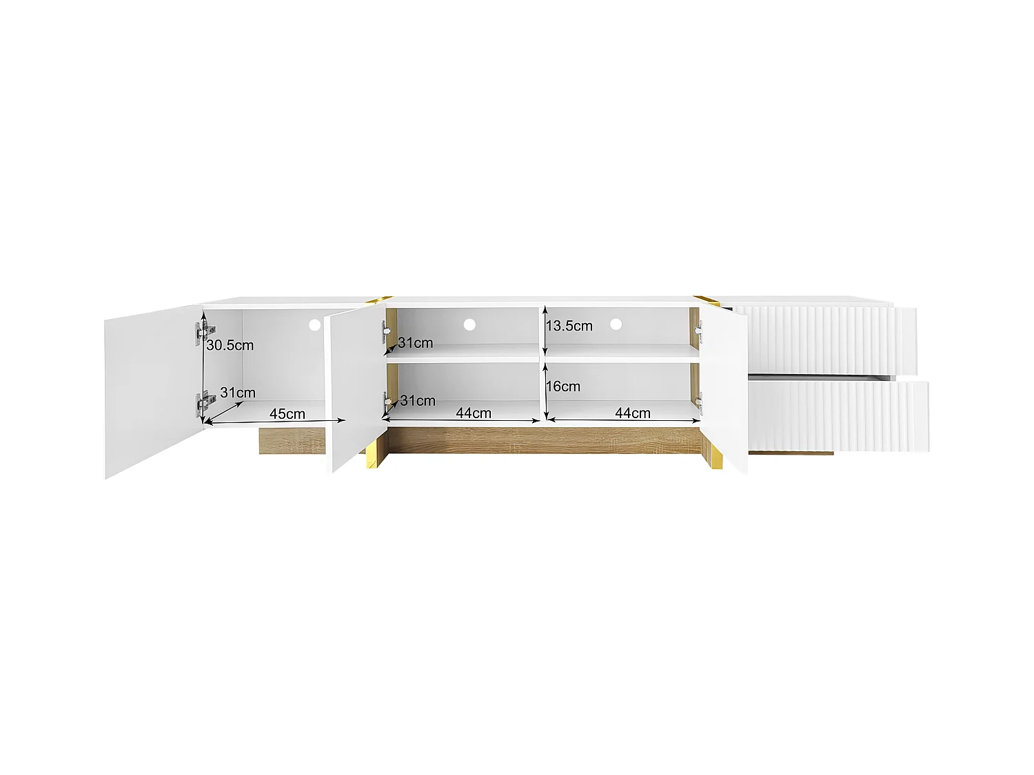 Meuble TV 190 cm avec 3 portes texturées et 2 tiroirs de rangement - blanc et or