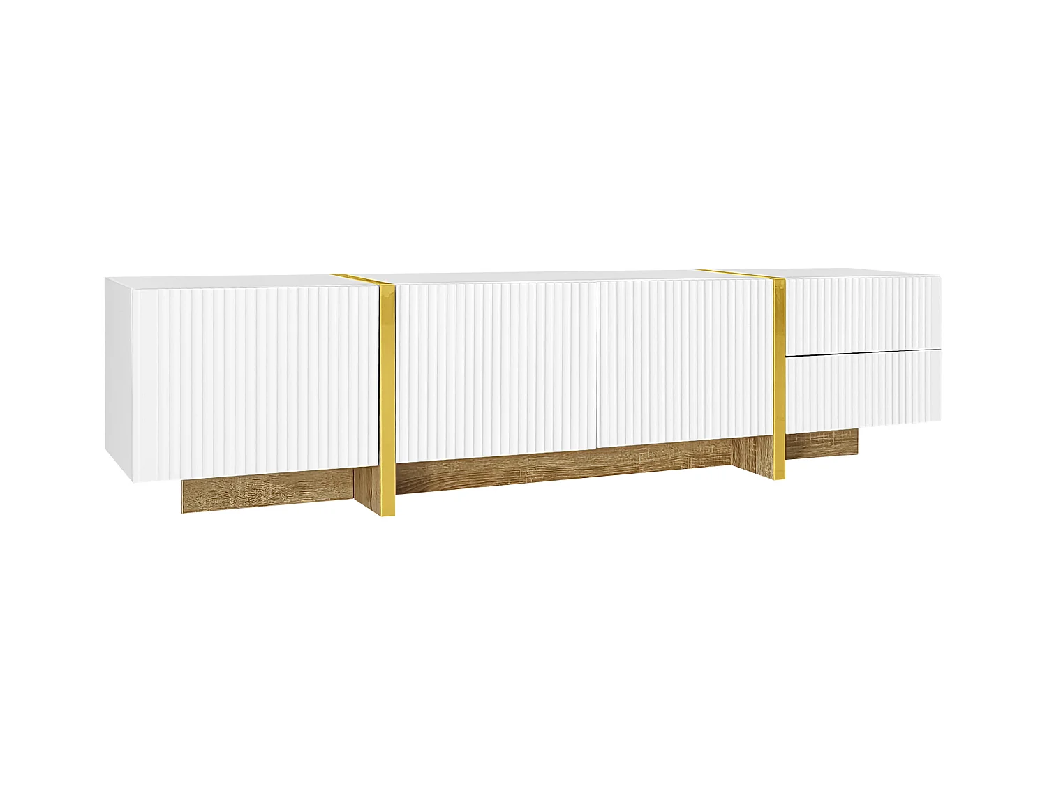 Meuble TV 190 cm avec 3 portes texturées et 2 tiroirs de rangement - blanc et or