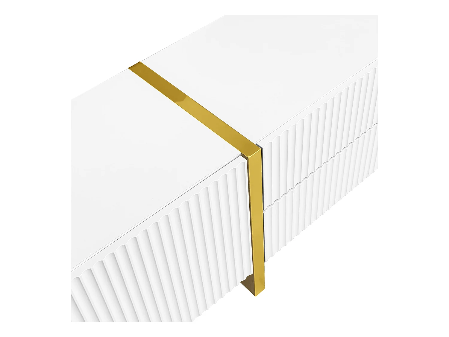 Meuble TV 190 cm avec 3 portes texturées et 2 tiroirs de rangement - blanc et or