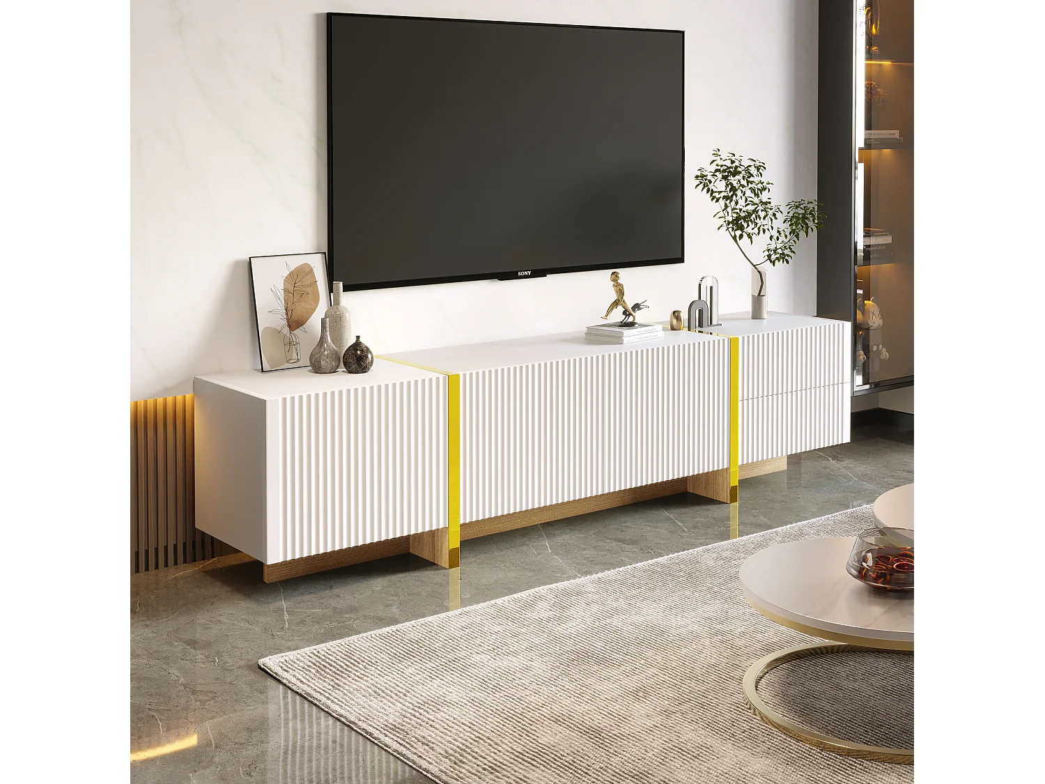 Meuble TV 190 cm avec 3 portes texturées et 2 tiroirs de rangement - blanc et or